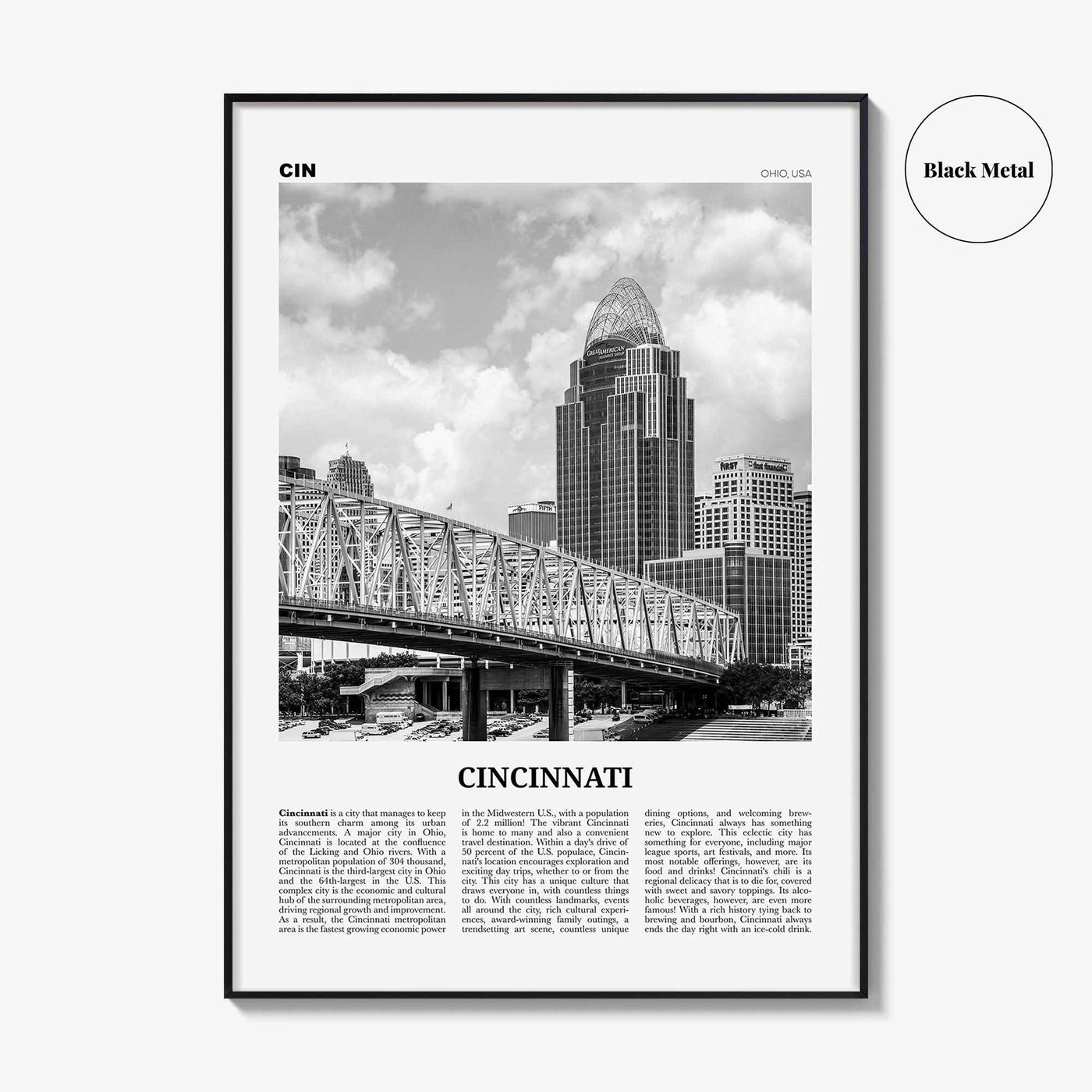 Cincinnati Print Black and White No 2, Cincinnati Wall Art, Cincinnati Poster, Cincinnati Photo, Ohio, USA, United States, North America