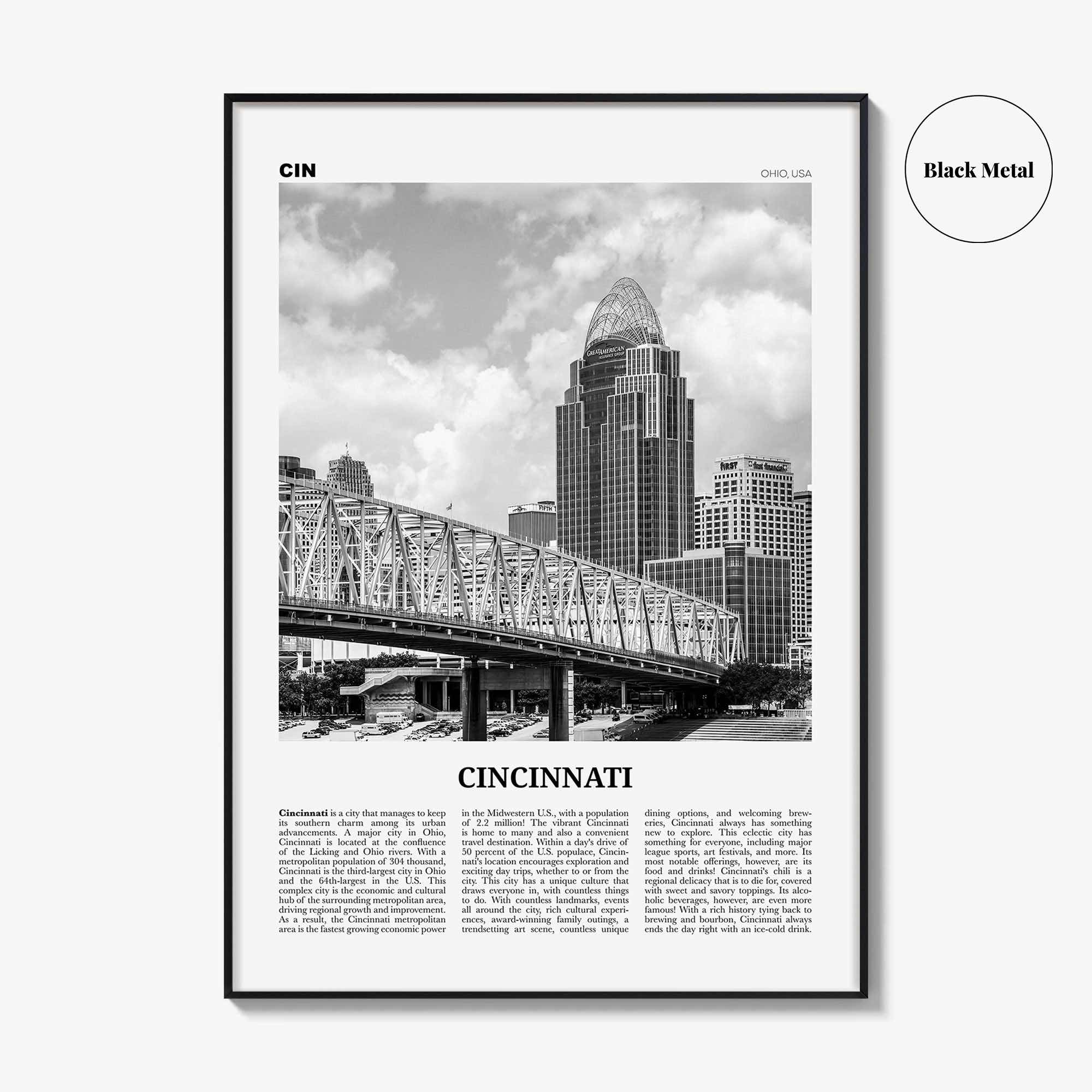 Cincinnati Print Black and White No 2, Cincinnati Wall Art, Cincinnati Poster, Cincinnati Photo, Ohio, USA, United States, North America
