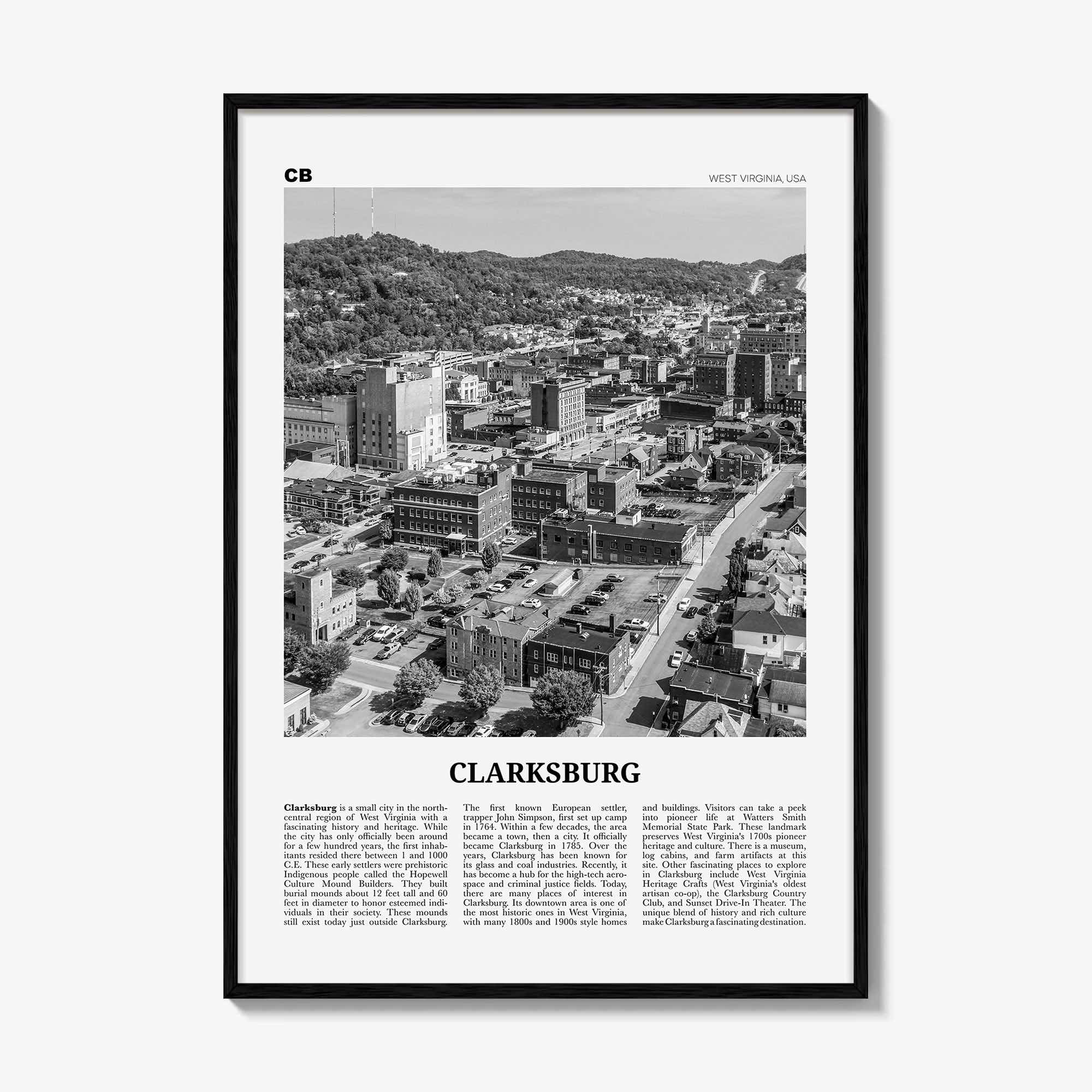Clarksburg Print Black and White, Clarksburg Wall Art, Clarksburg Poster, Clarksburg Photo, Clarksburg Wall Décor, West Virginia, USA