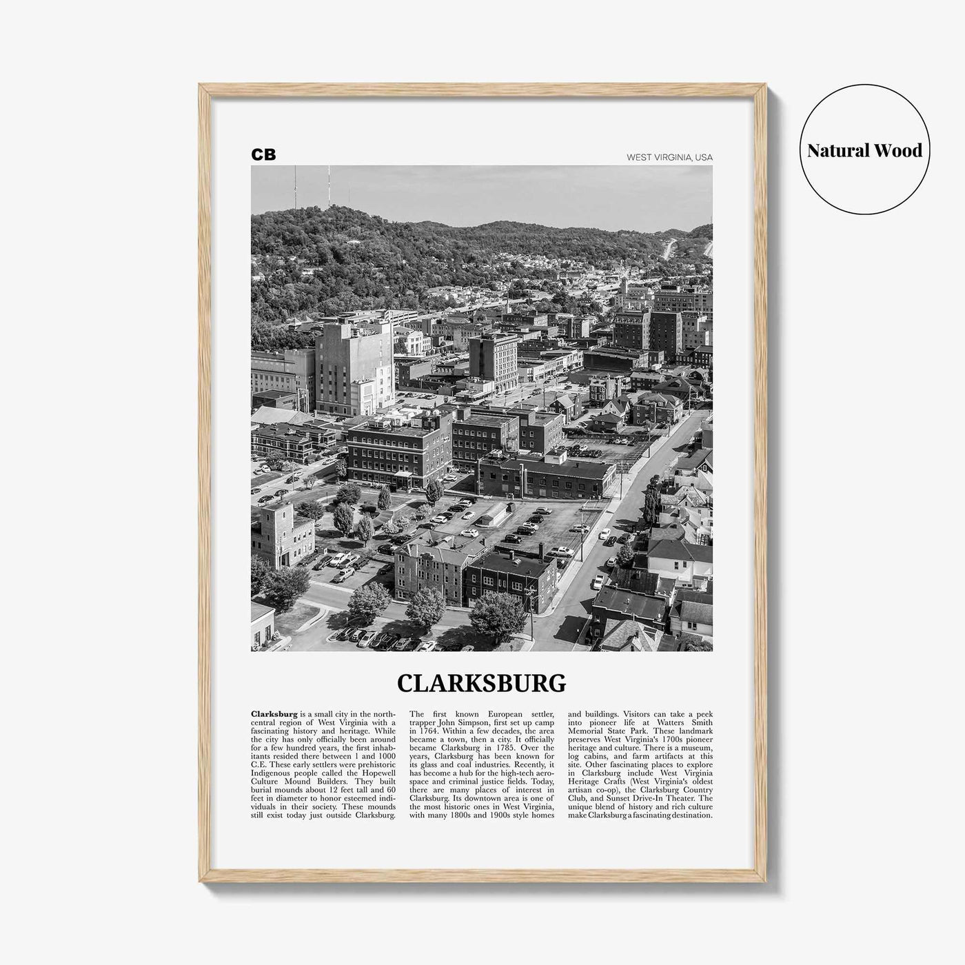 Clarksburg Print Black and White, Clarksburg Wall Art, Clarksburg Poster, Clarksburg Photo, Clarksburg Wall Décor, West Virginia, USA