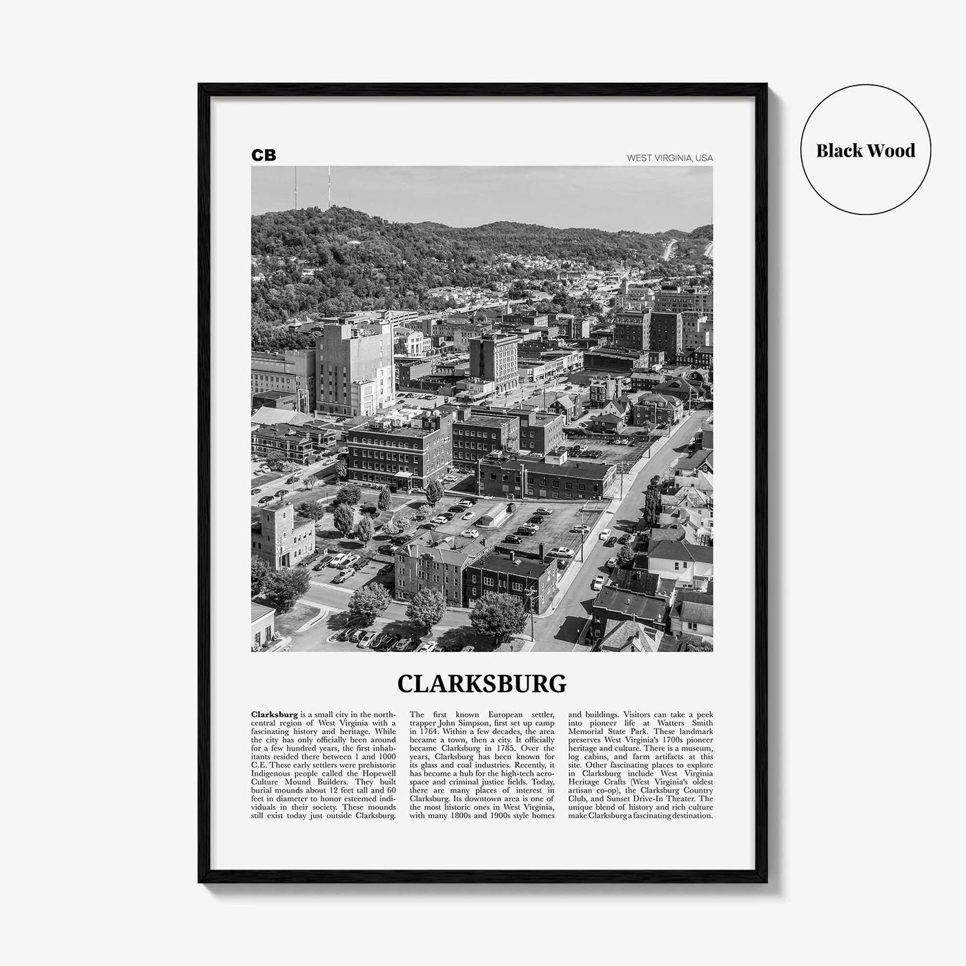 Clarksburg Print Black and White, Clarksburg Wall Art, Clarksburg Poster, Clarksburg Photo, Clarksburg Wall Décor, West Virginia, USA