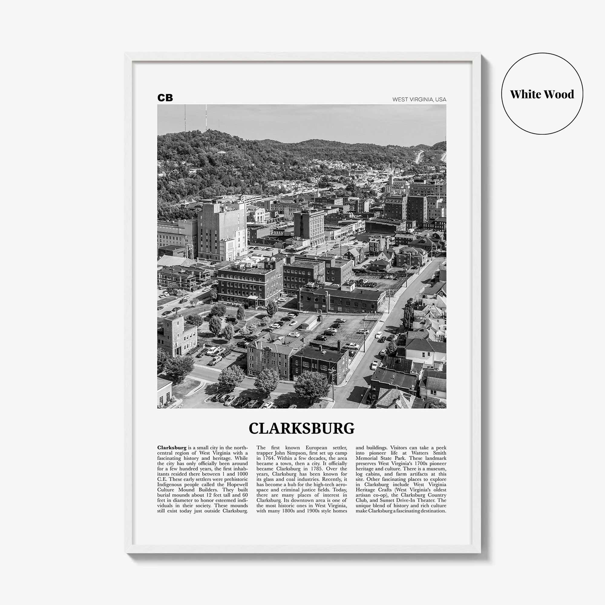 Clarksburg Print Black and White, Clarksburg Wall Art, Clarksburg Poster, Clarksburg Photo, Clarksburg Wall Décor, West Virginia, USA