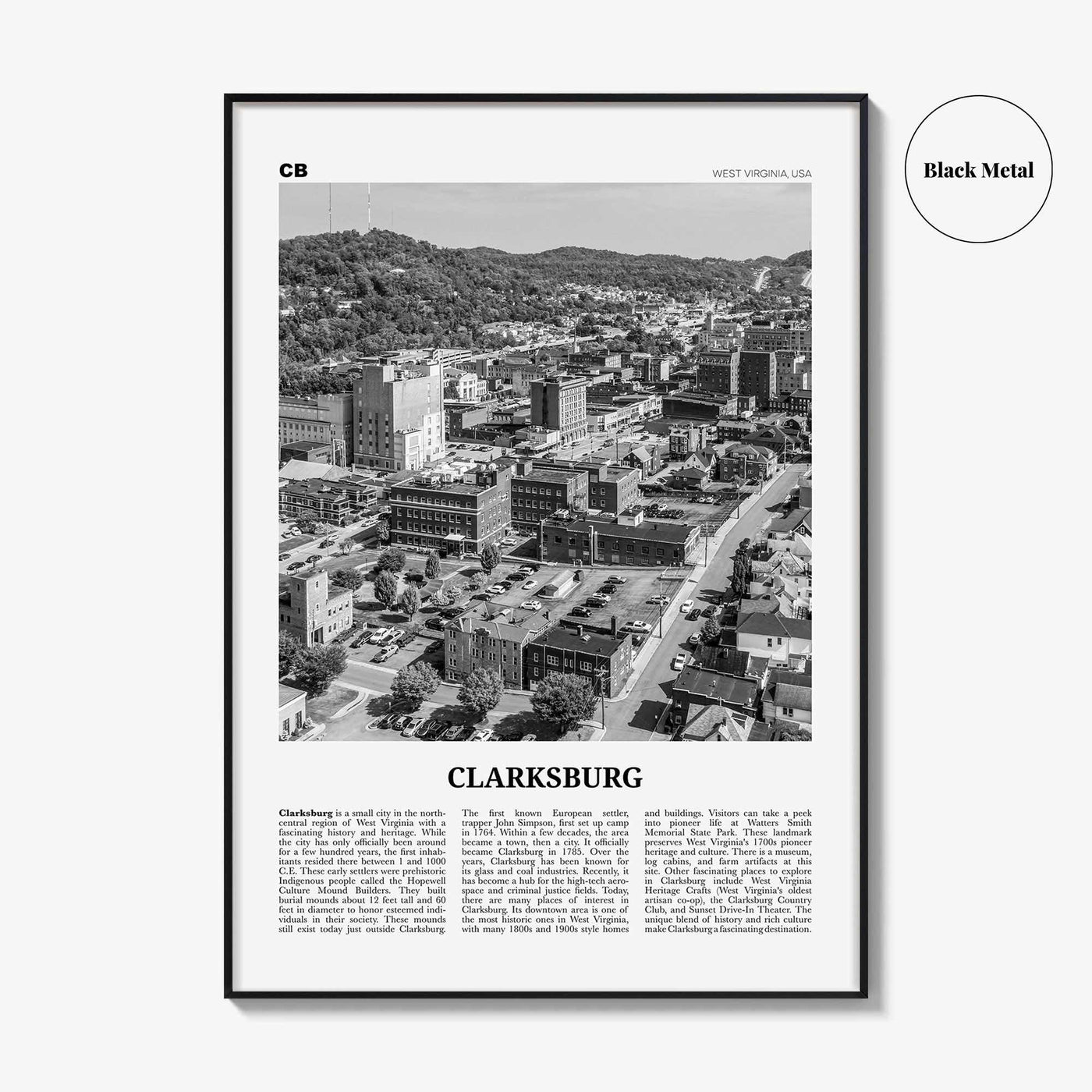 Clarksburg Print Black and White, Clarksburg Wall Art, Clarksburg Poster, Clarksburg Photo, Clarksburg Wall Décor, West Virginia, USA