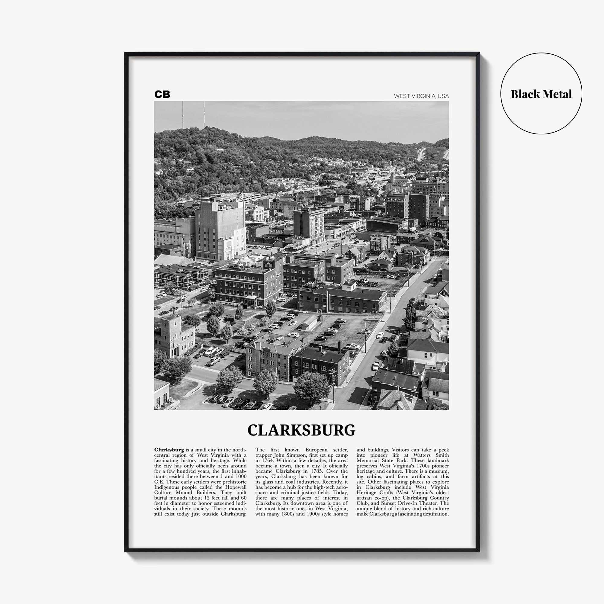 Clarksburg Print Black and White, Clarksburg Wall Art, Clarksburg Poster, Clarksburg Photo, Clarksburg Wall Décor, West Virginia, USA