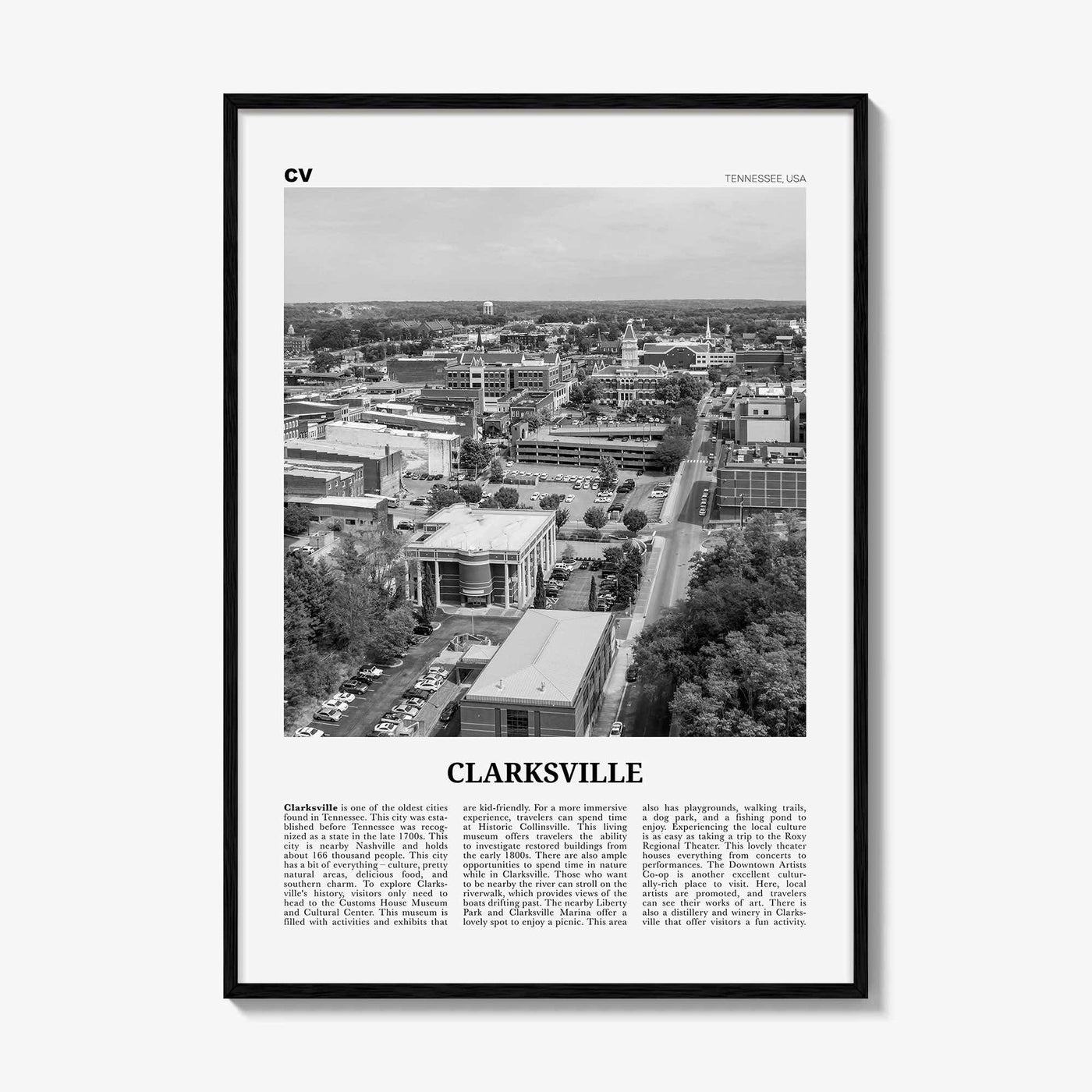 Clarksville Print Black and White, Clarksville Wall Art, Clarksville Poster, Clarksville Photo, Clarksville Décor, Tennessee, USA