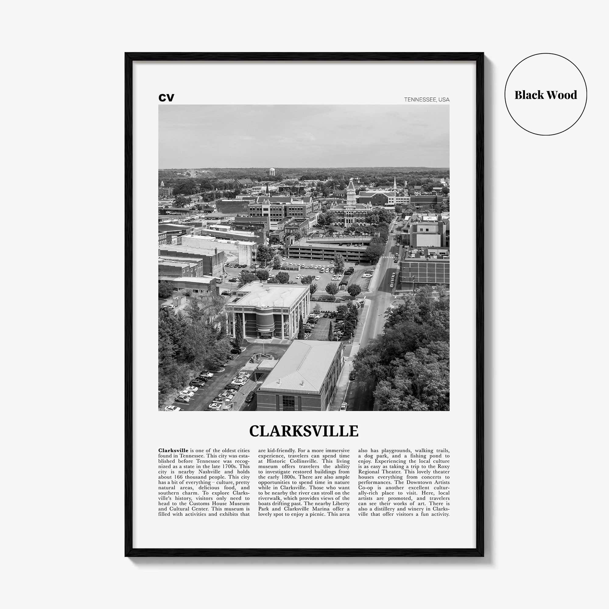 Clarksville Print Black and White, Clarksville Wall Art, Clarksville Poster, Clarksville Photo, Clarksville Décor, Tennessee, USA