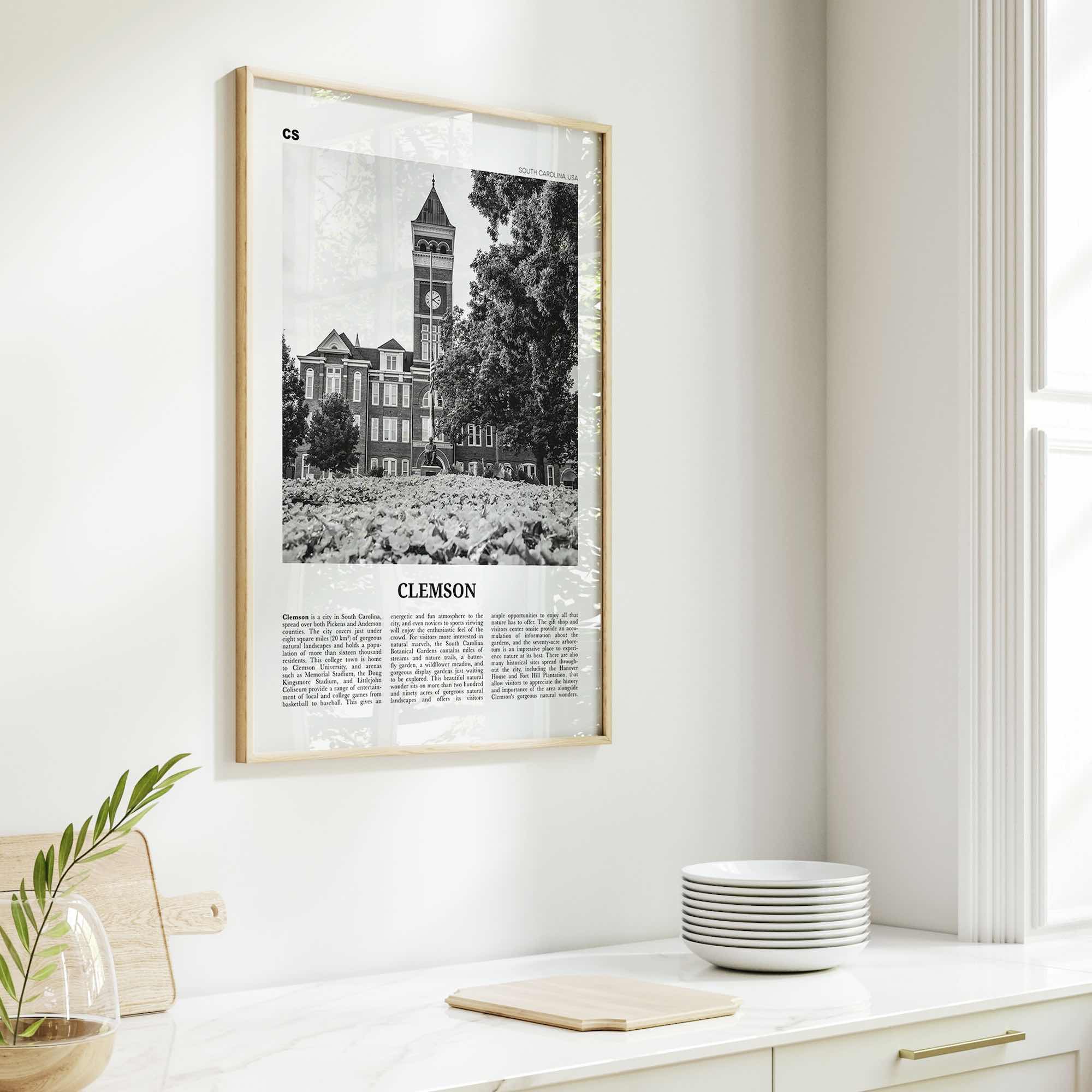 Clemson Print Black and White No 1, Clemson Wall Art, Clemson Poster, Clemson Photo, Clemson Map, South Carolina, USA, United States