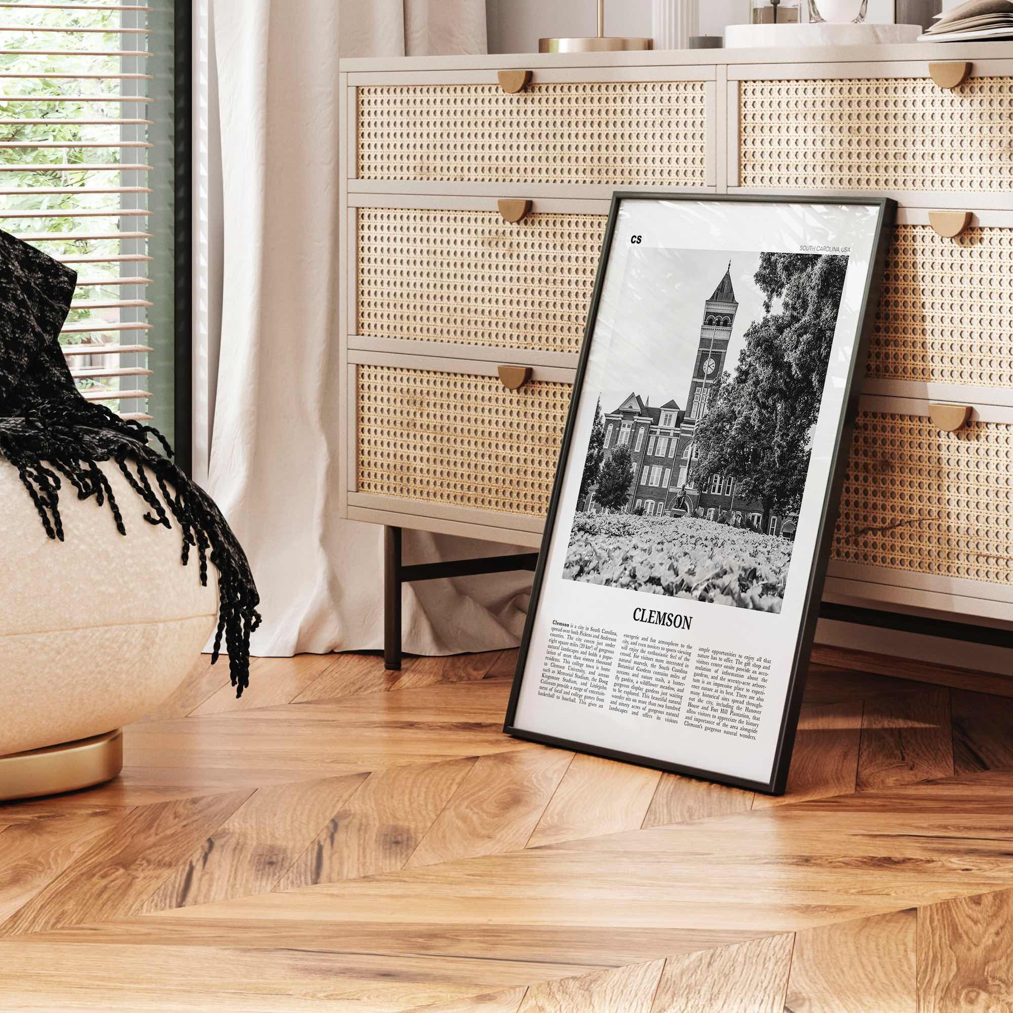 Clemson Print Black and White No 1, Clemson Wall Art, Clemson Poster, Clemson Photo, Clemson Map, South Carolina, USA, United States