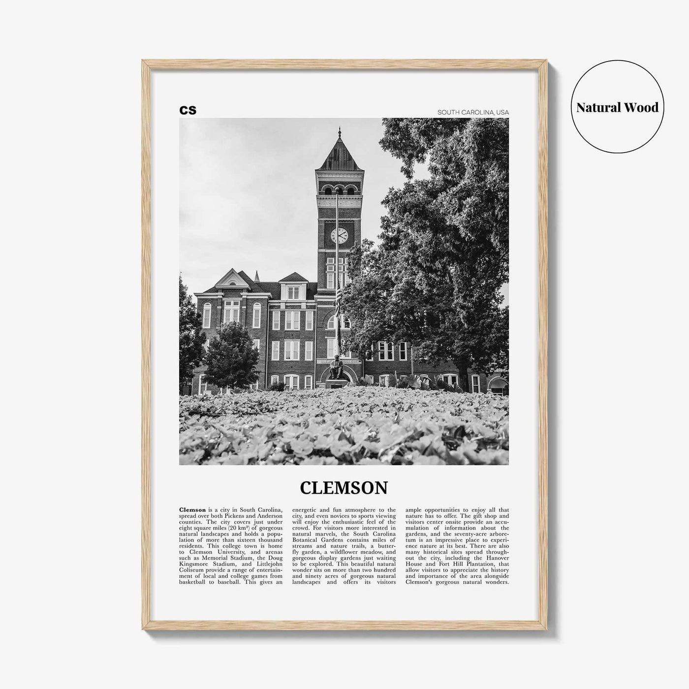 Clemson Print Black and White No 1, Clemson Wall Art, Clemson Poster, Clemson Photo, Clemson Map, South Carolina, USA, United States