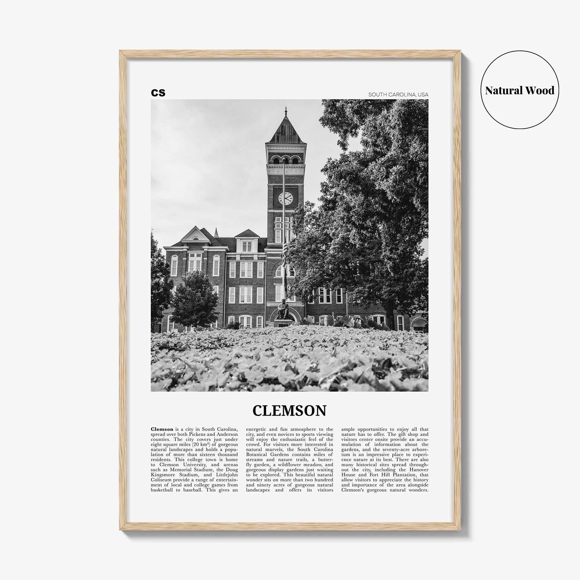 Clemson Print Black and White No 1, Clemson Wall Art, Clemson Poster, Clemson Photo, Clemson Map, South Carolina, USA, United States