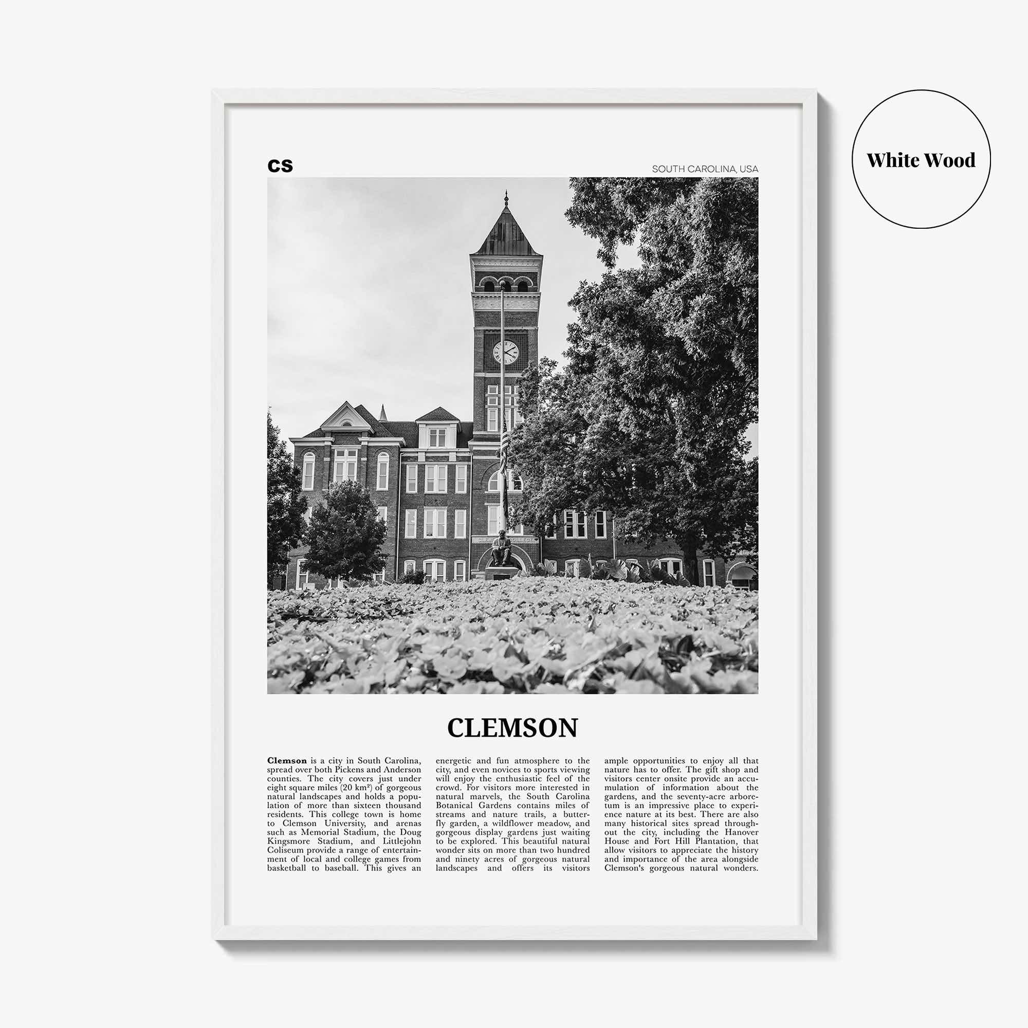 Clemson Print Black and White No 1, Clemson Wall Art, Clemson Poster, Clemson Photo, Clemson Map, South Carolina, USA, United States