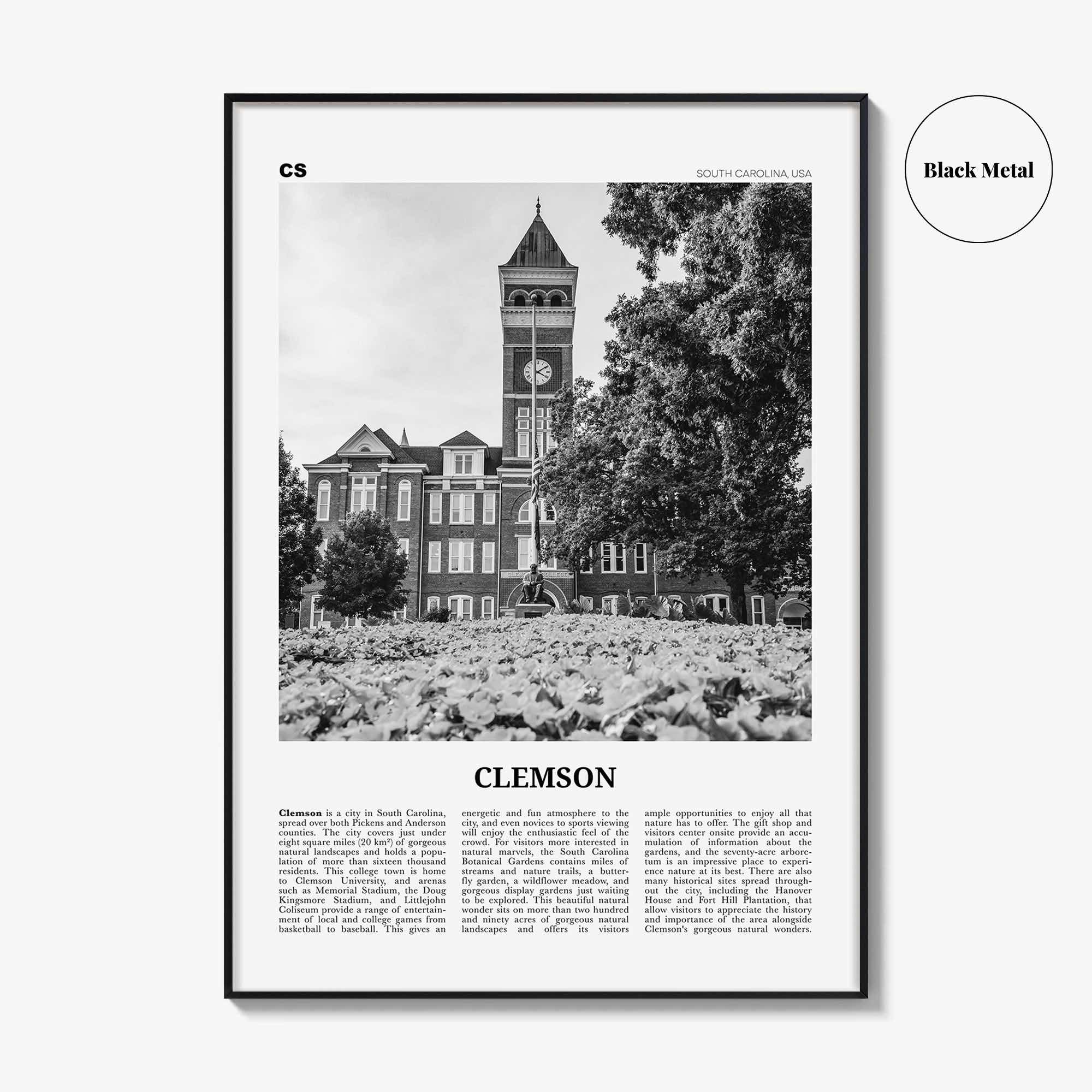Clemson Print Black and White No 1, Clemson Wall Art, Clemson Poster, Clemson Photo, Clemson Map, South Carolina, USA, United States