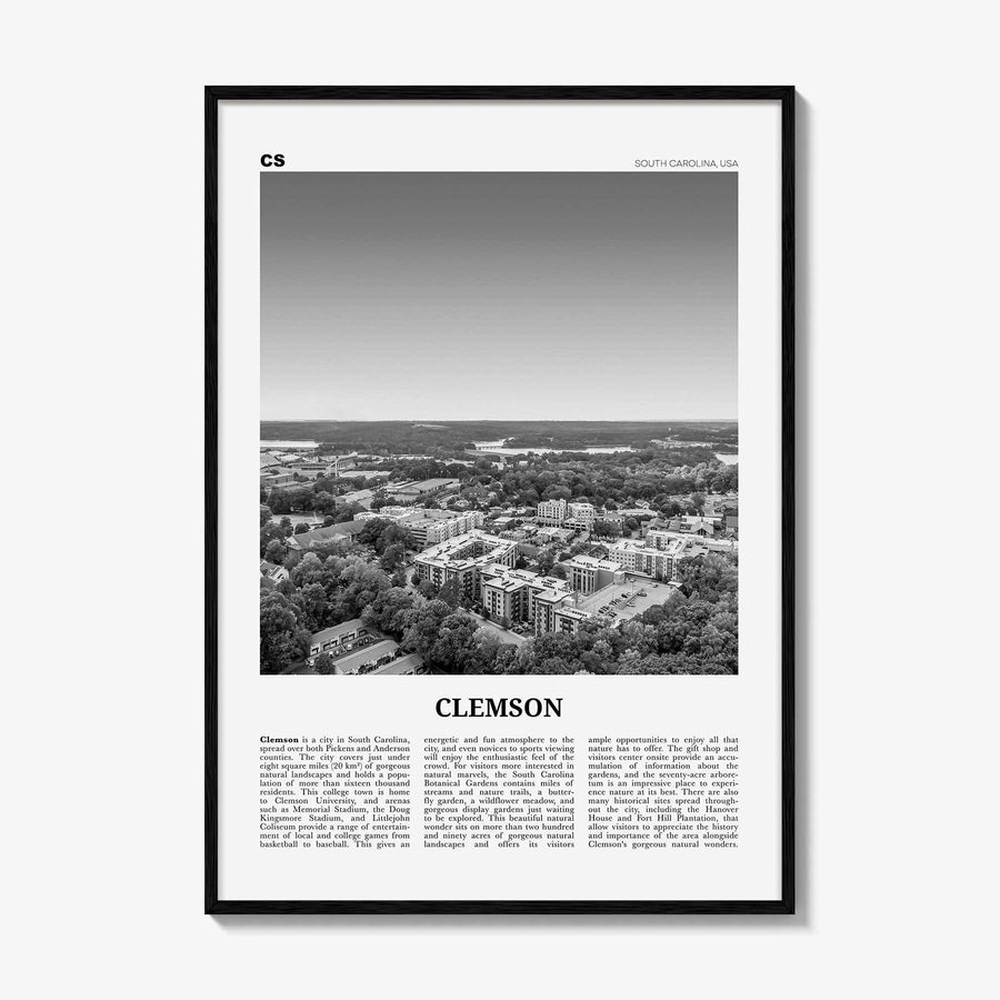 Clemson Print Black and White No 2, Clemson Wall Art, Clemson Poster, Clemson Photo, Clemson Map, South Carolina, USA, United States