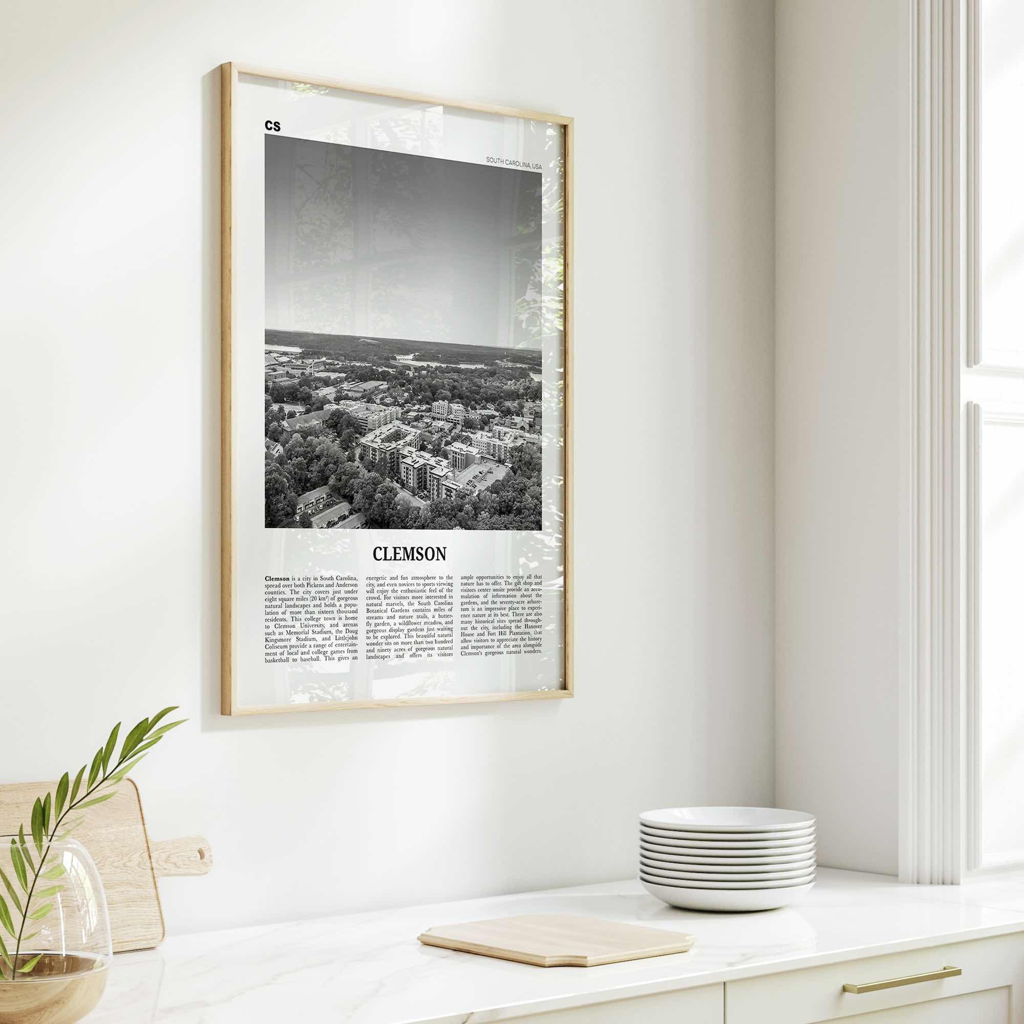 Clemson Print Black and White No 2, Clemson Wall Art, Clemson Poster, Clemson Photo, Clemson Map, South Carolina, USA, United States