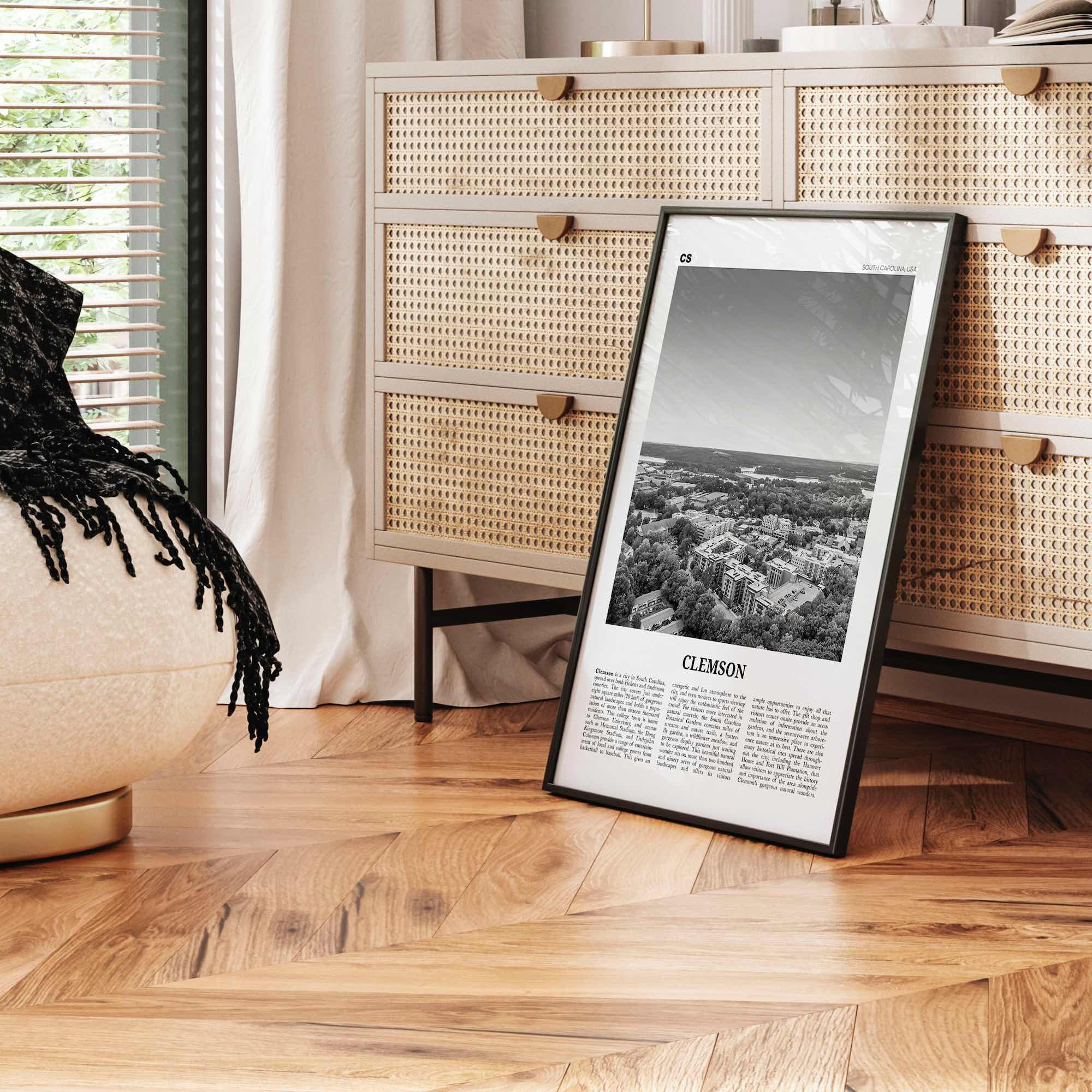 Clemson Print Black and White No 2, Clemson Wall Art, Clemson Poster, Clemson Photo, Clemson Map, South Carolina, USA, United States