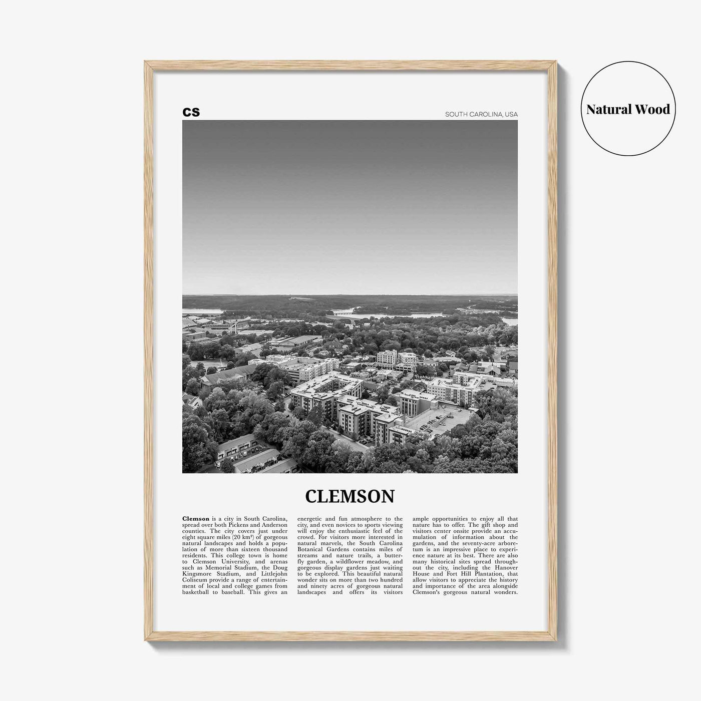 Clemson Print Black and White No 2, Clemson Wall Art, Clemson Poster, Clemson Photo, Clemson Map, South Carolina, USA, United States