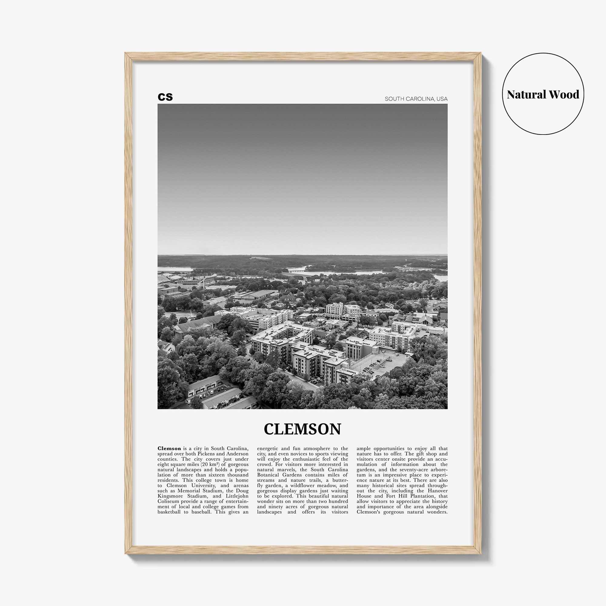 Clemson Print Black and White No 2, Clemson Wall Art, Clemson Poster, Clemson Photo, Clemson Map, South Carolina, USA, United States