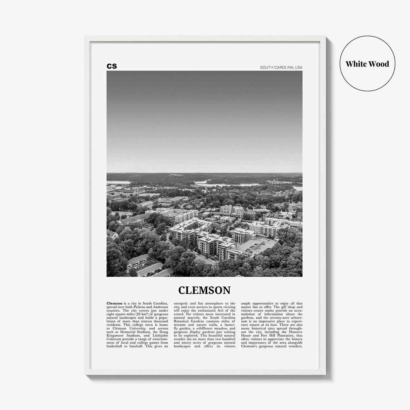 Clemson Print Black and White No 2, Clemson Wall Art, Clemson Poster, Clemson Photo, Clemson Map, South Carolina, USA, United States