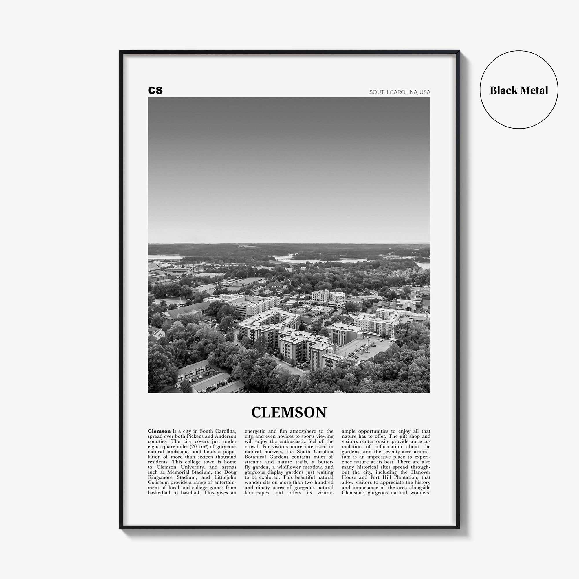 Clemson Print Black and White No 2, Clemson Wall Art, Clemson Poster, Clemson Photo, Clemson Map, South Carolina, USA, United States