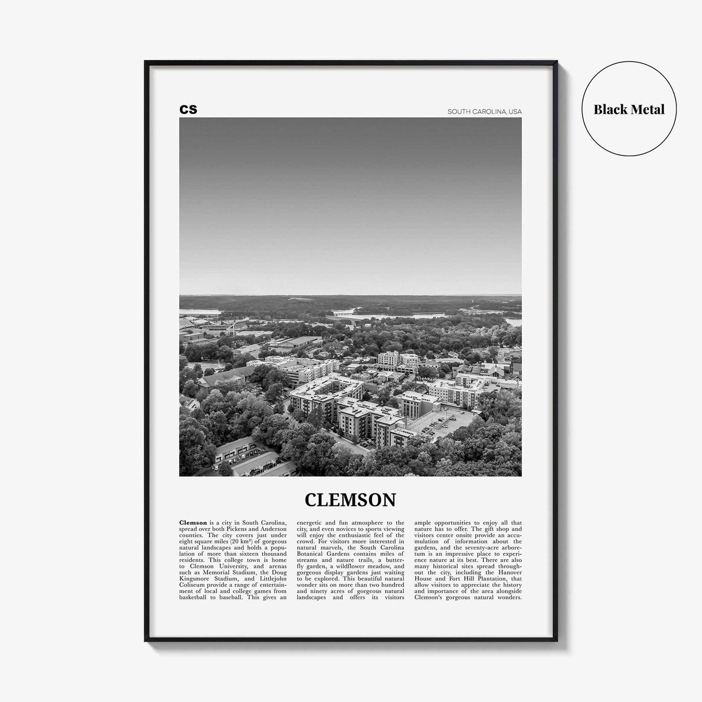 Clemson Print Black and White No 2, Clemson Wall Art, Clemson Poster, Clemson Photo, Clemson Map, South Carolina, USA, United States