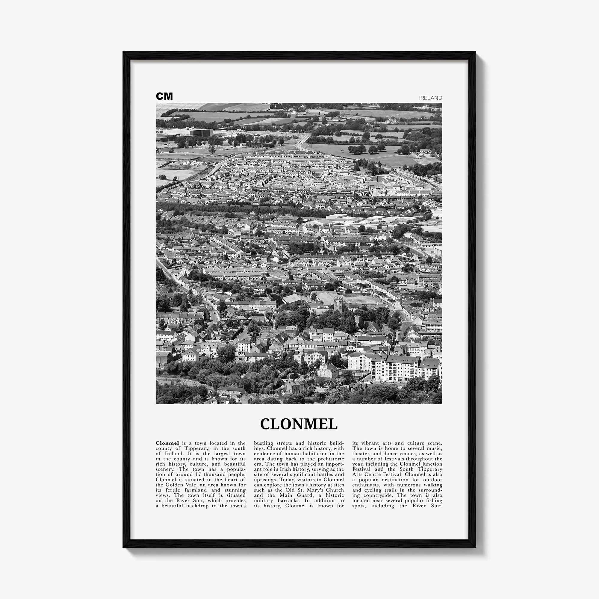 Clonmel Print Black and White, Clonmel Wall Art, Clonmel Poster, Clonmel Photo, Clonmel Wall Décor, Clonmel Map
