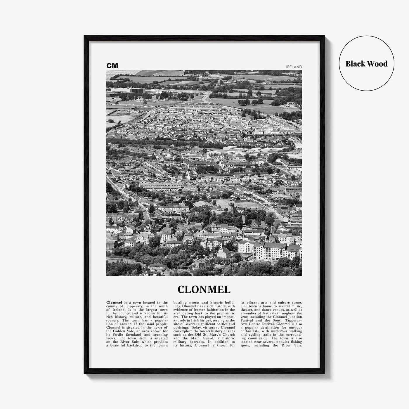 Clonmel Print Black and White, Clonmel Wall Art, Clonmel Poster, Clonmel Photo, Clonmel Wall Décor, Clonmel Map
