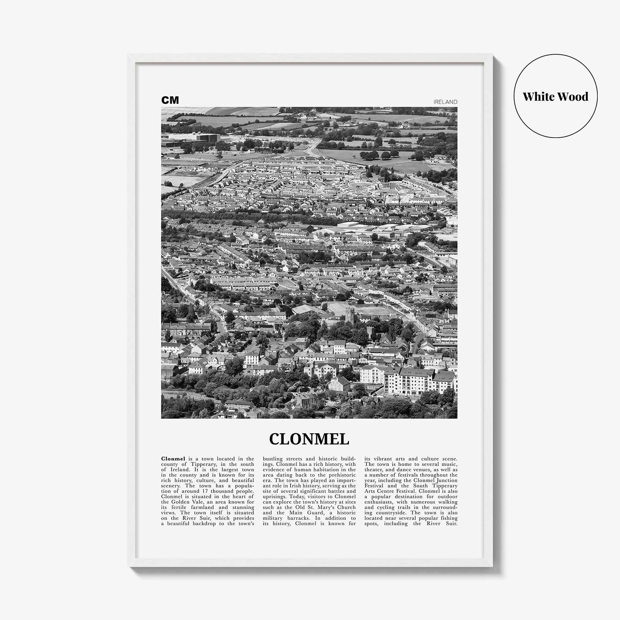 Clonmel Print Black and White, Clonmel Wall Art, Clonmel Poster, Clonmel Photo, Clonmel Wall Décor, Clonmel Map