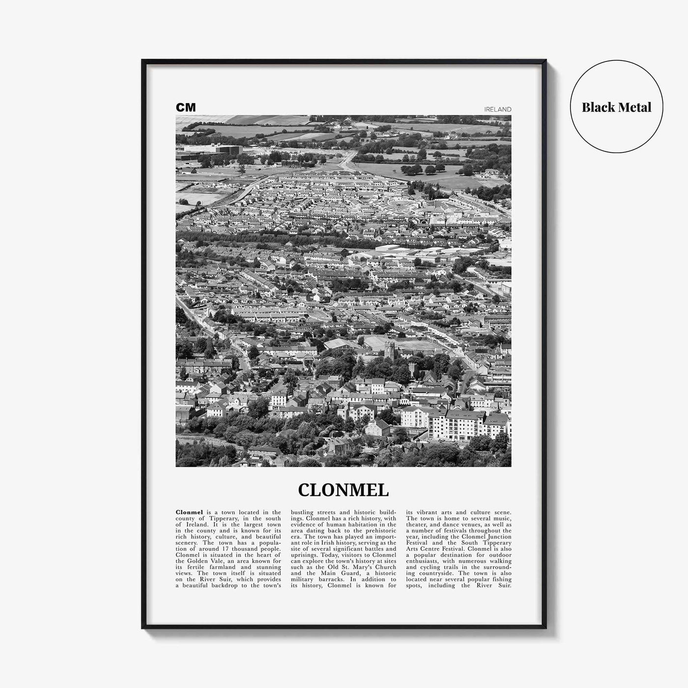 Clonmel Print Black and White, Clonmel Wall Art, Clonmel Poster, Clonmel Photo, Clonmel Wall Décor, Clonmel Map