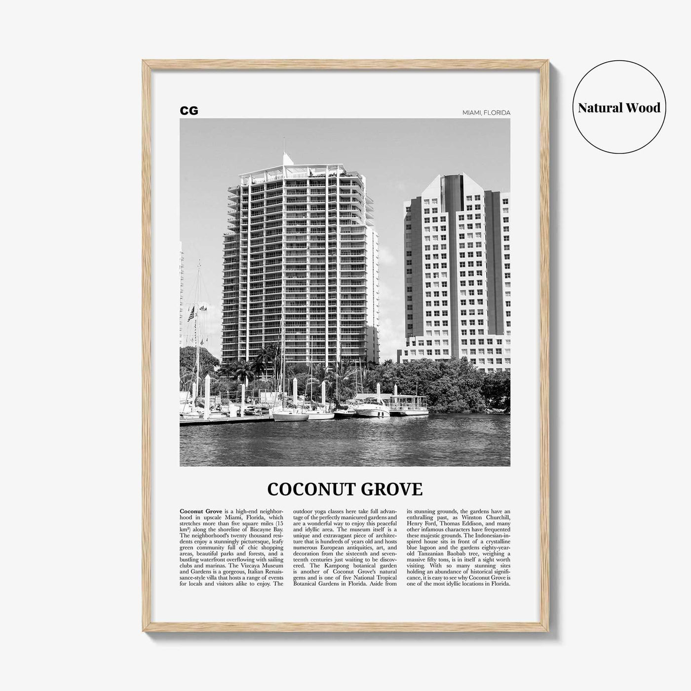 Coconut Grove Print Black and White, Coconut Grove Wall Art, Coconut Grove Poster, Coconut Grove Photo, Coconut Grove Map, Miami, Florida