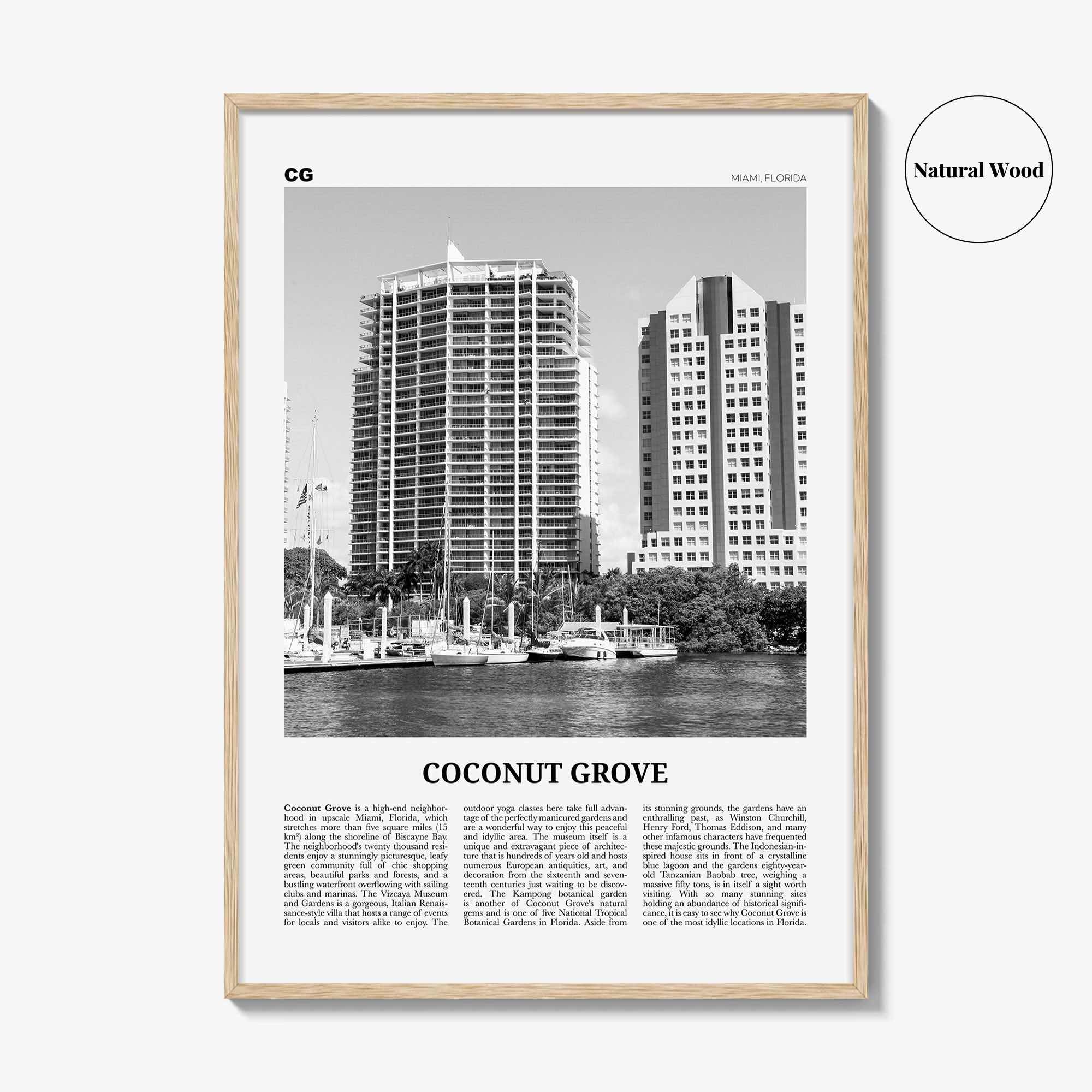 Coconut Grove Print Black and White, Coconut Grove Wall Art, Coconut Grove Poster, Coconut Grove Photo, Coconut Grove Map, Miami, Florida