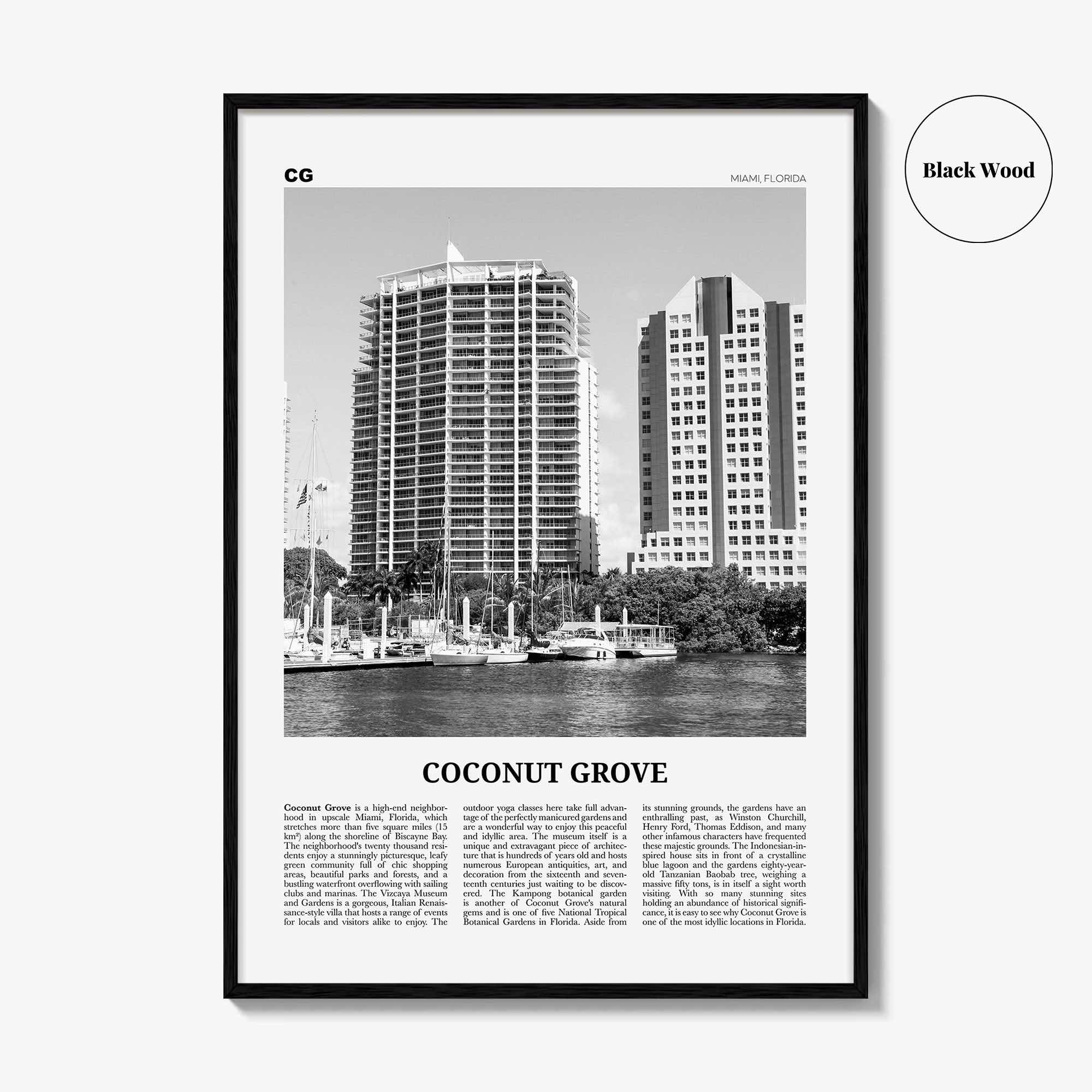 Coconut Grove Print Black and White, Coconut Grove Wall Art, Coconut Grove Poster, Coconut Grove Photo, Coconut Grove Map, Miami, Florida