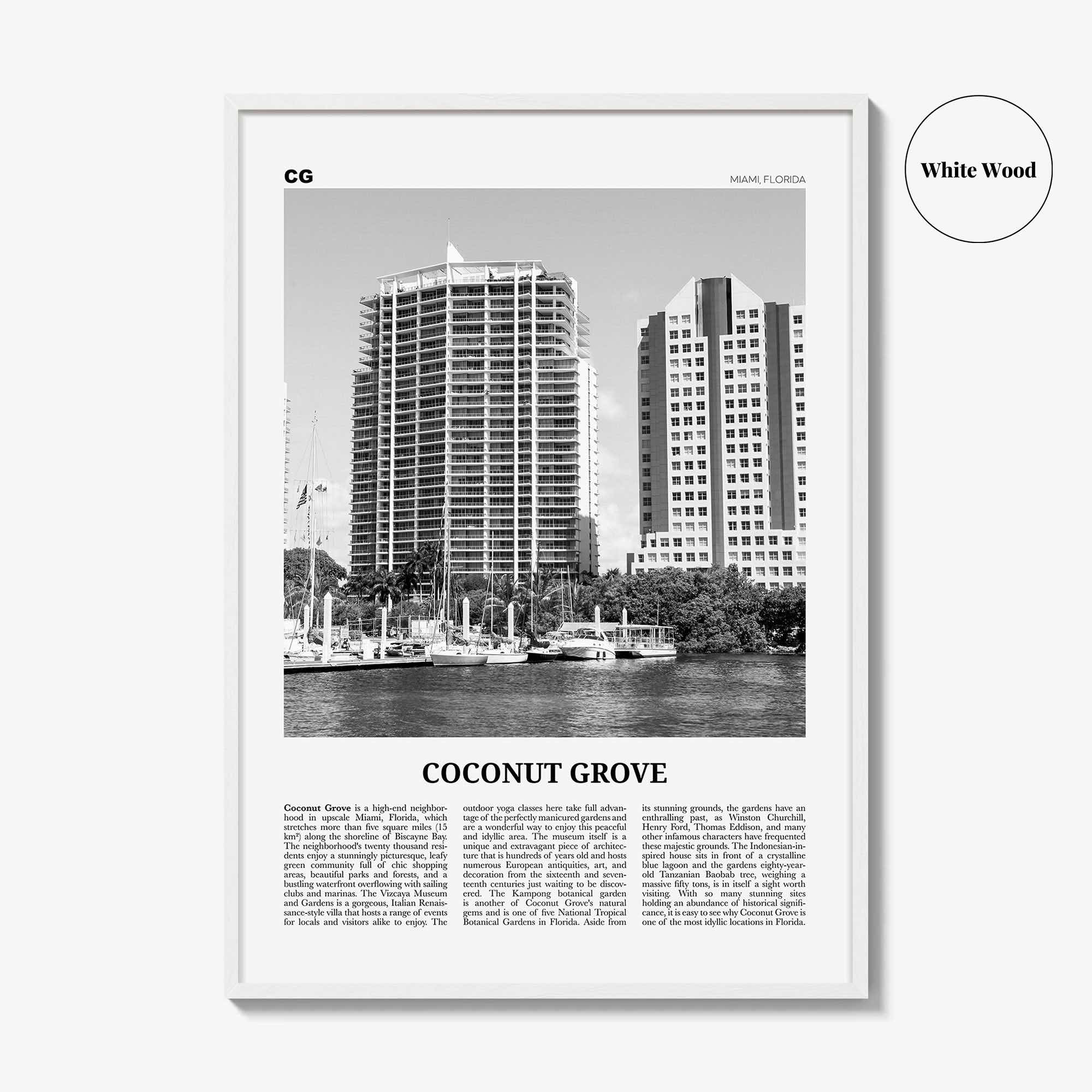 Coconut Grove Print Black and White, Coconut Grove Wall Art, Coconut Grove Poster, Coconut Grove Photo, Coconut Grove Map, Miami, Florida