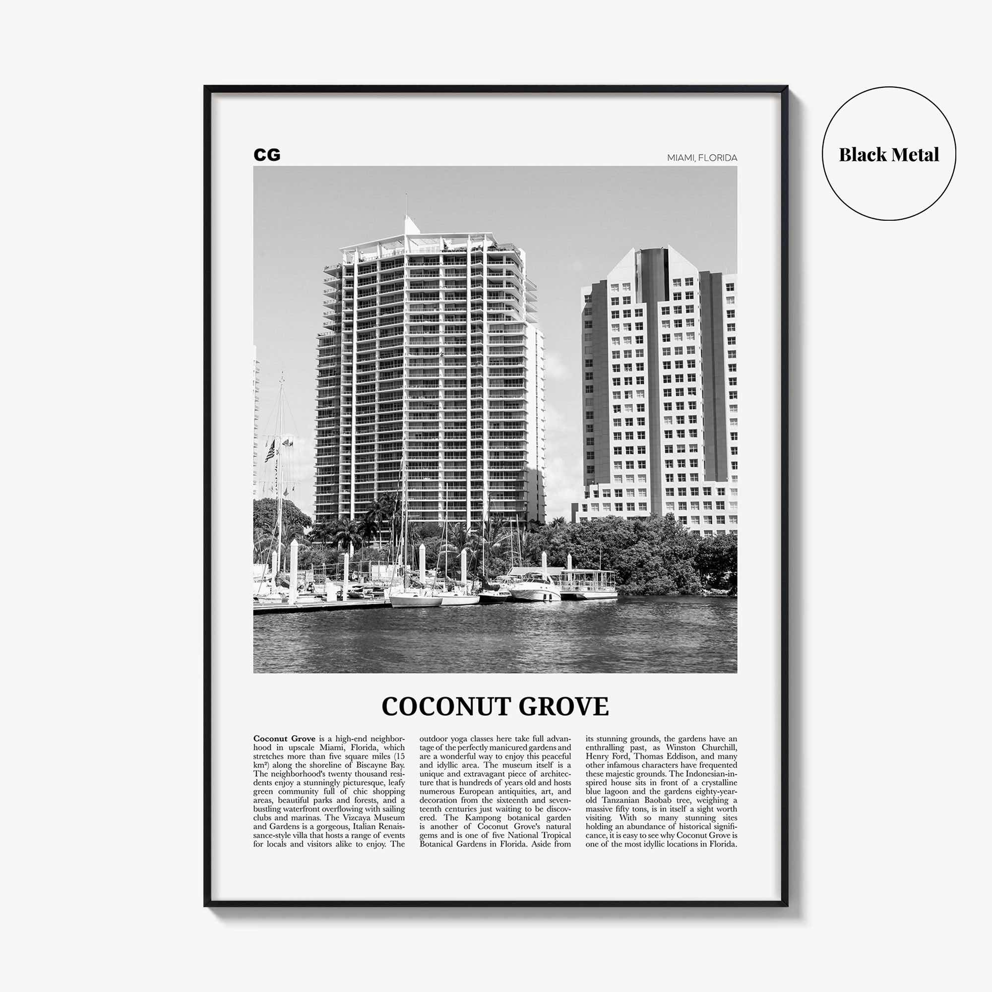 Coconut Grove Print Black and White, Coconut Grove Wall Art, Coconut Grove Poster, Coconut Grove Photo, Coconut Grove Map, Miami, Florida