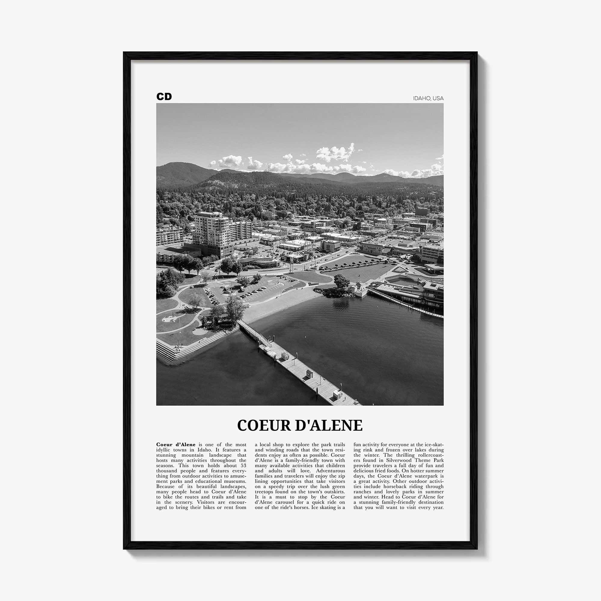 Coeur d'Alene Print Black and White, Coeur d'Alene Wall Art, Coeur d'Alene Poster, Coeur d'Alene Photo, Coeur d'Alene Décor, Idaho, USA