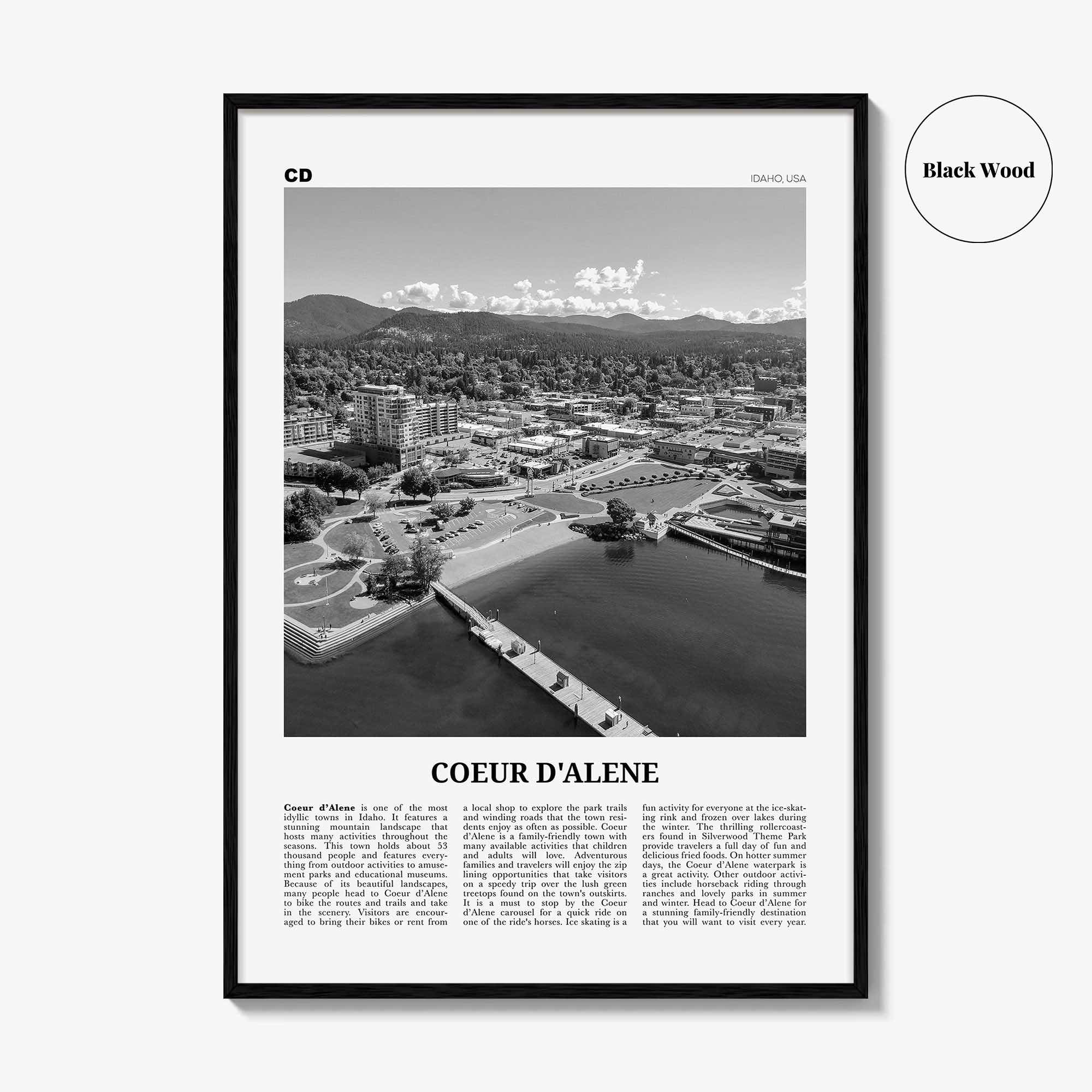Coeur d'Alene Print Black and White, Coeur d'Alene Wall Art, Coeur d'Alene Poster, Coeur d'Alene Photo, Coeur d'Alene Décor, Idaho, USA