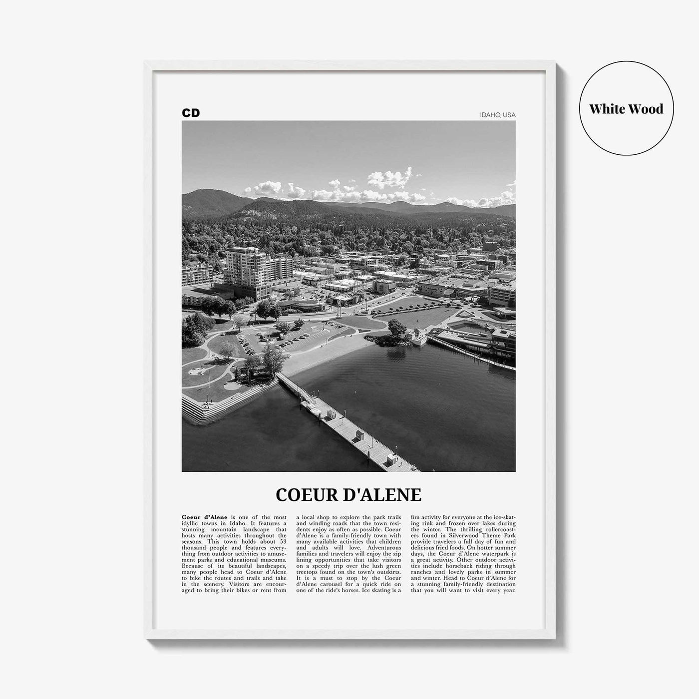 Coeur d'Alene Print Black and White, Coeur d'Alene Wall Art, Coeur d'Alene Poster, Coeur d'Alene Photo, Coeur d'Alene Décor, Idaho, USA