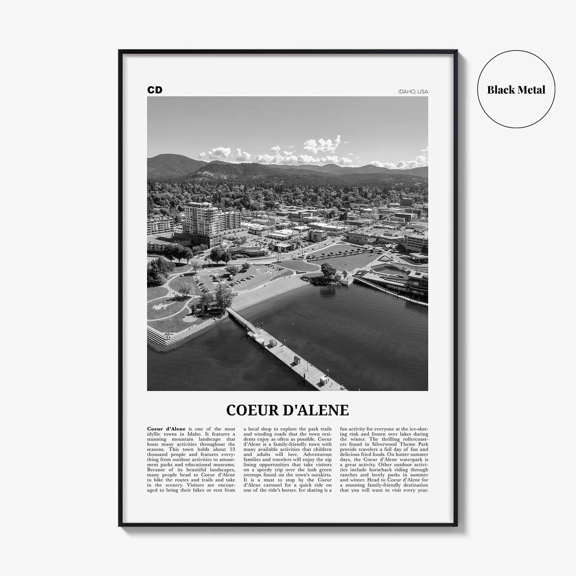Coeur d'Alene Print Black and White, Coeur d'Alene Wall Art, Coeur d'Alene Poster, Coeur d'Alene Photo, Coeur d'Alene Décor, Idaho, USA
