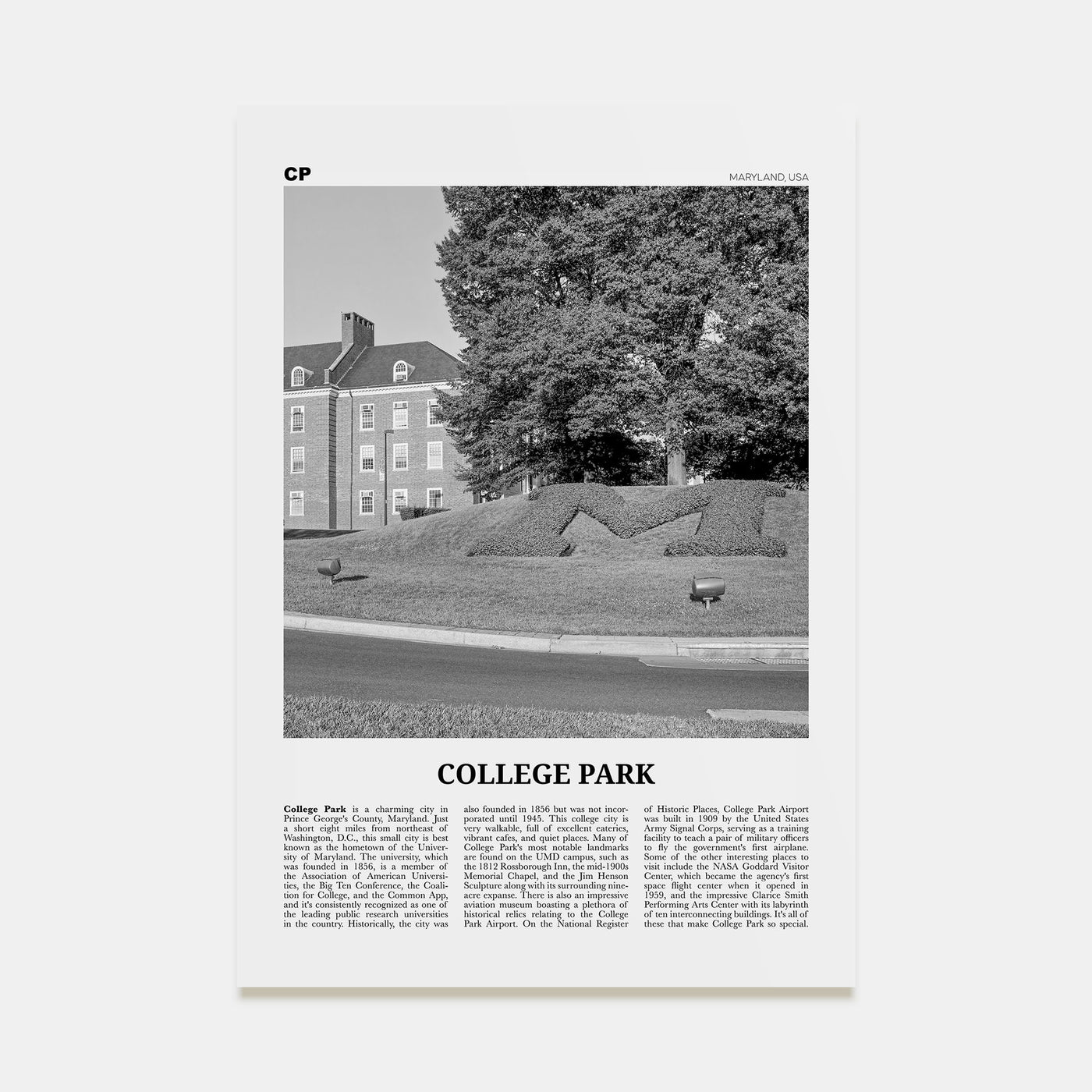 College Park Travel B&W Poster