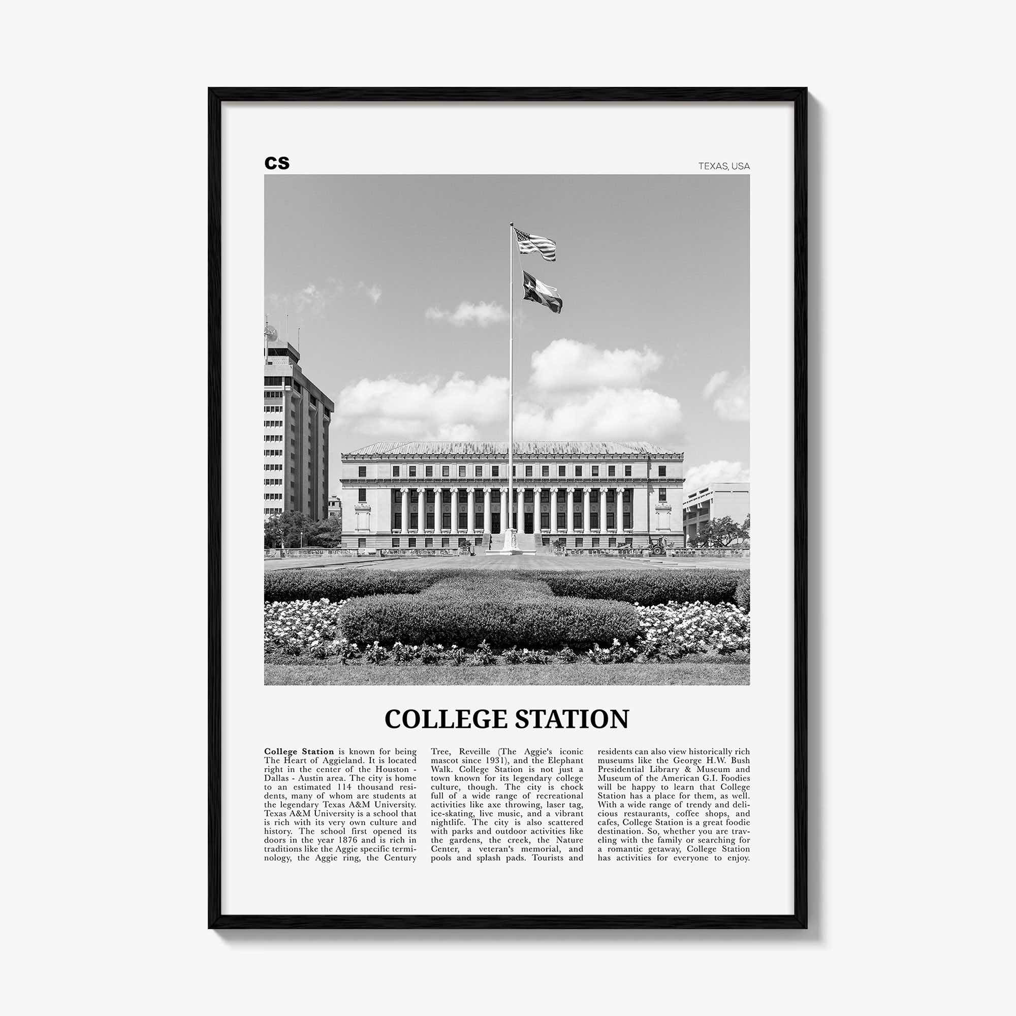 College Station Print Black and White, College Station Wall Art, College Station Poster, College Station Photo, Texas, USA, United States