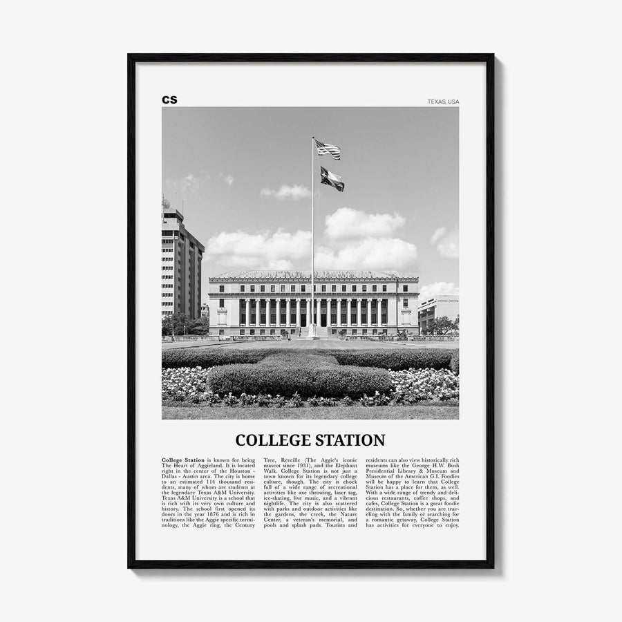 College Station Print Black and White, College Station Wall Art, College Station Poster, College Station Photo, Texas, USA, United States