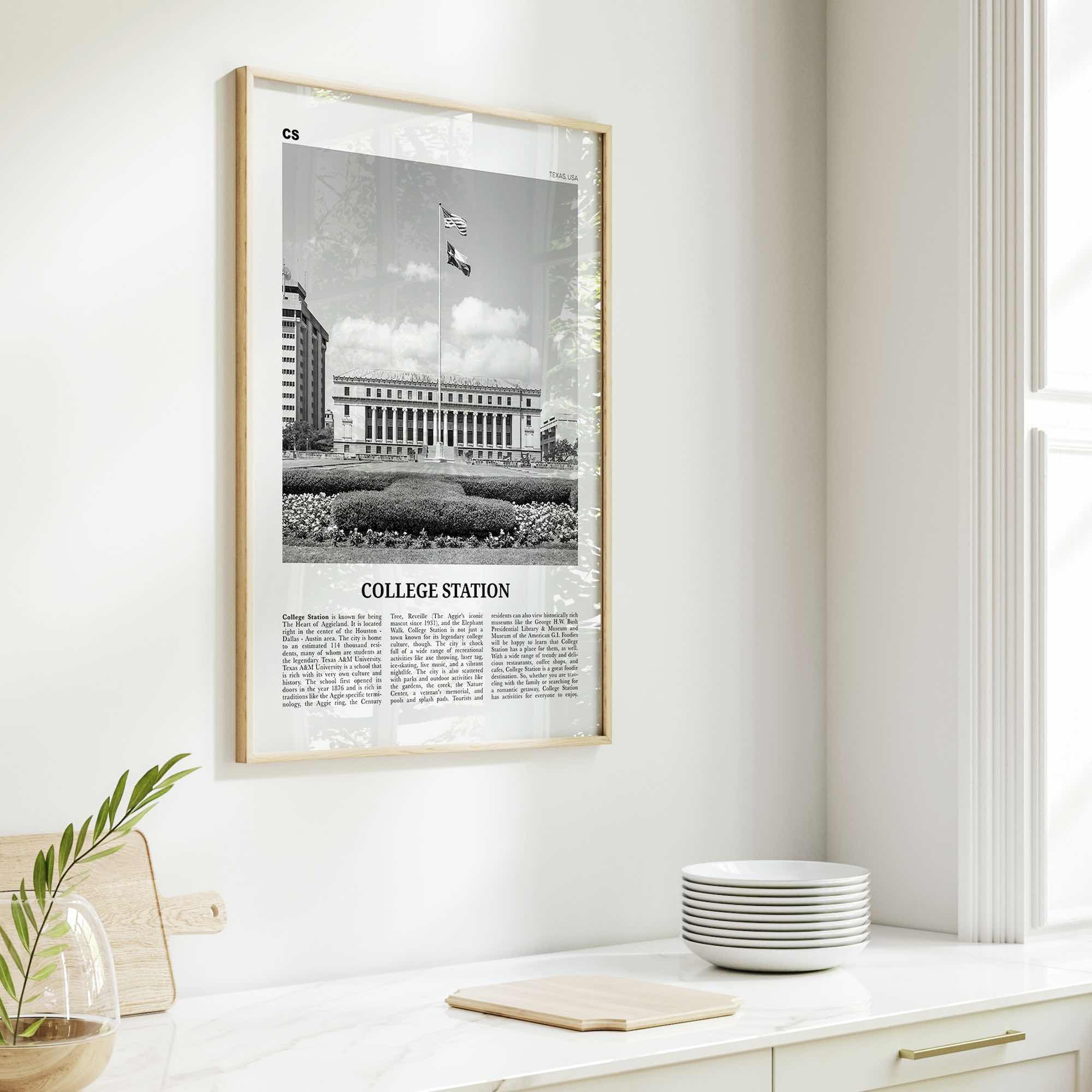 College Station Print Black and White, College Station Wall Art, College Station Poster, College Station Photo, Texas, USA, United States