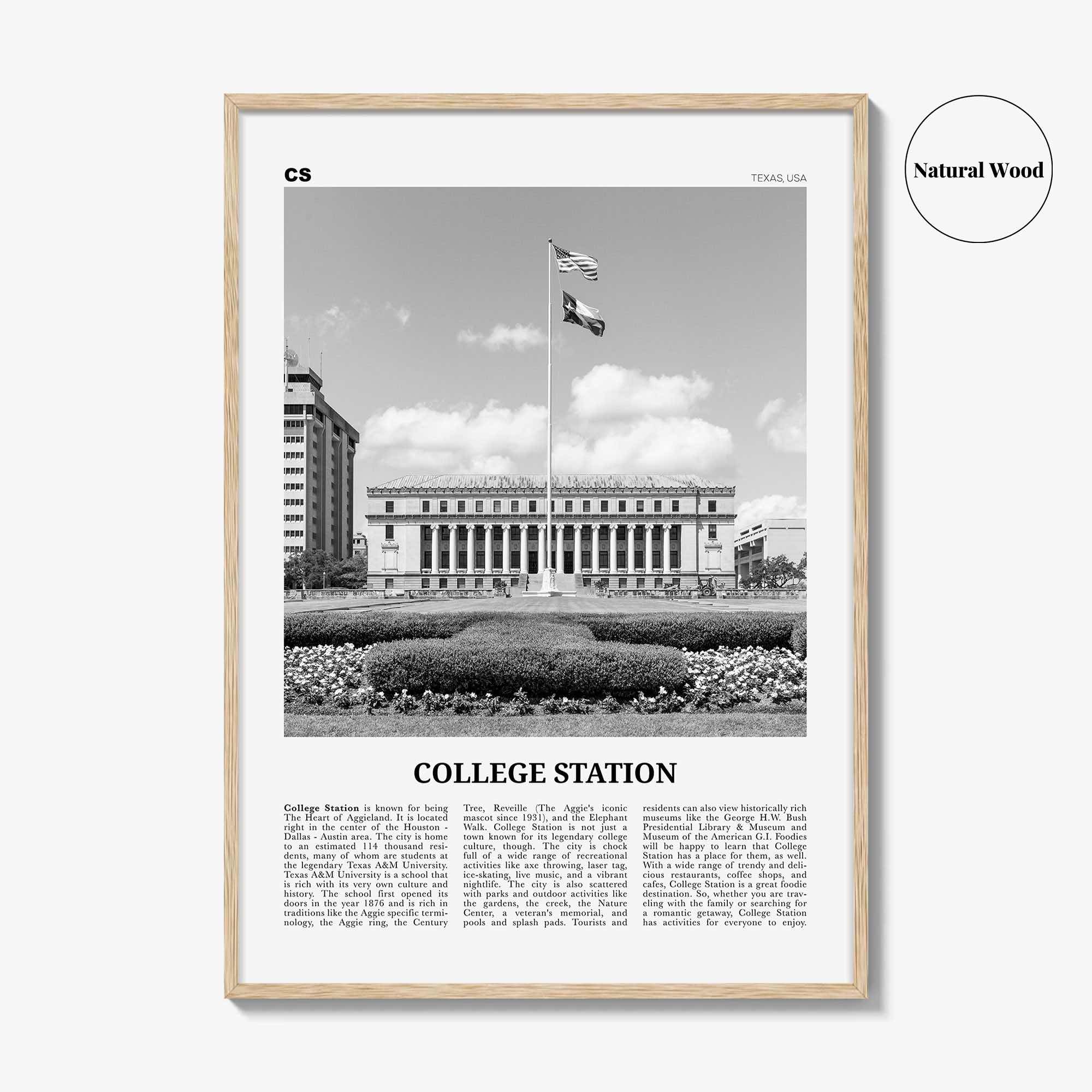 College Station Print Black and White, College Station Wall Art, College Station Poster, College Station Photo, Texas, USA, United States