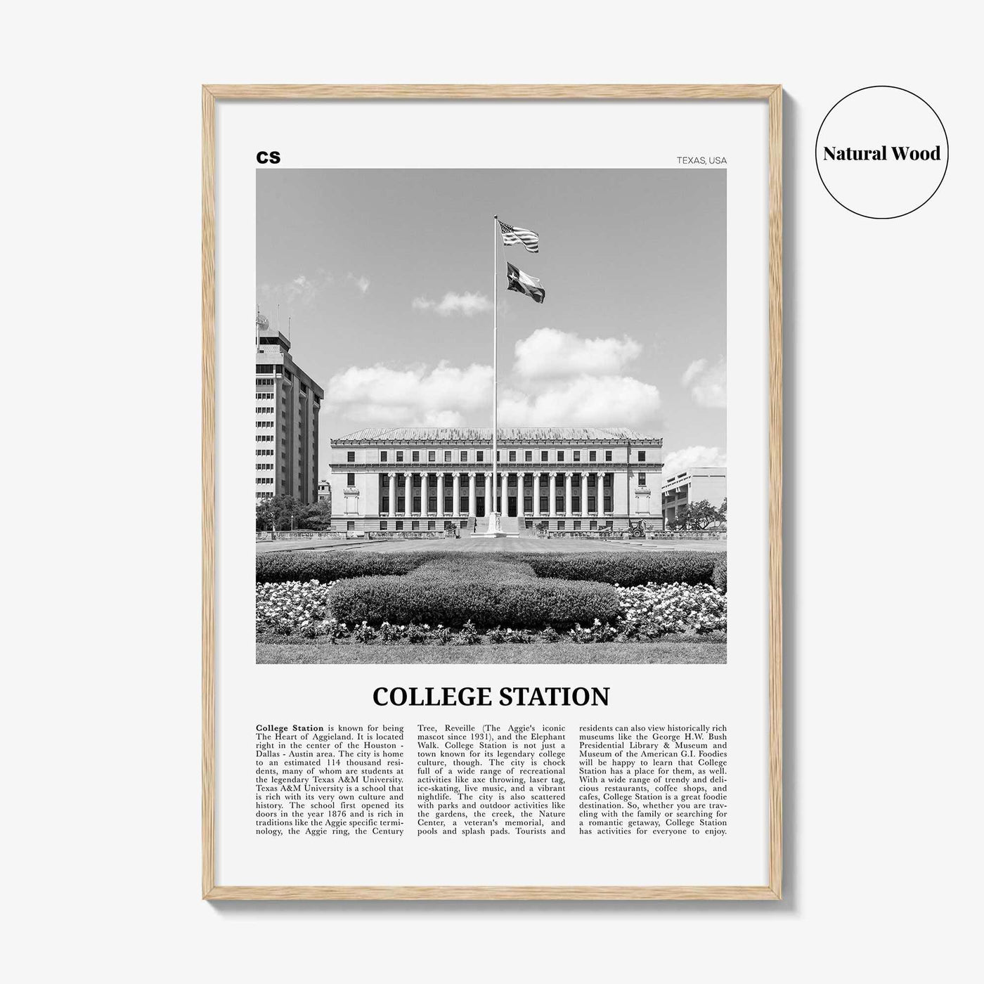 College Station Print Black and White, College Station Wall Art, College Station Poster, College Station Photo, Texas, USA, United States