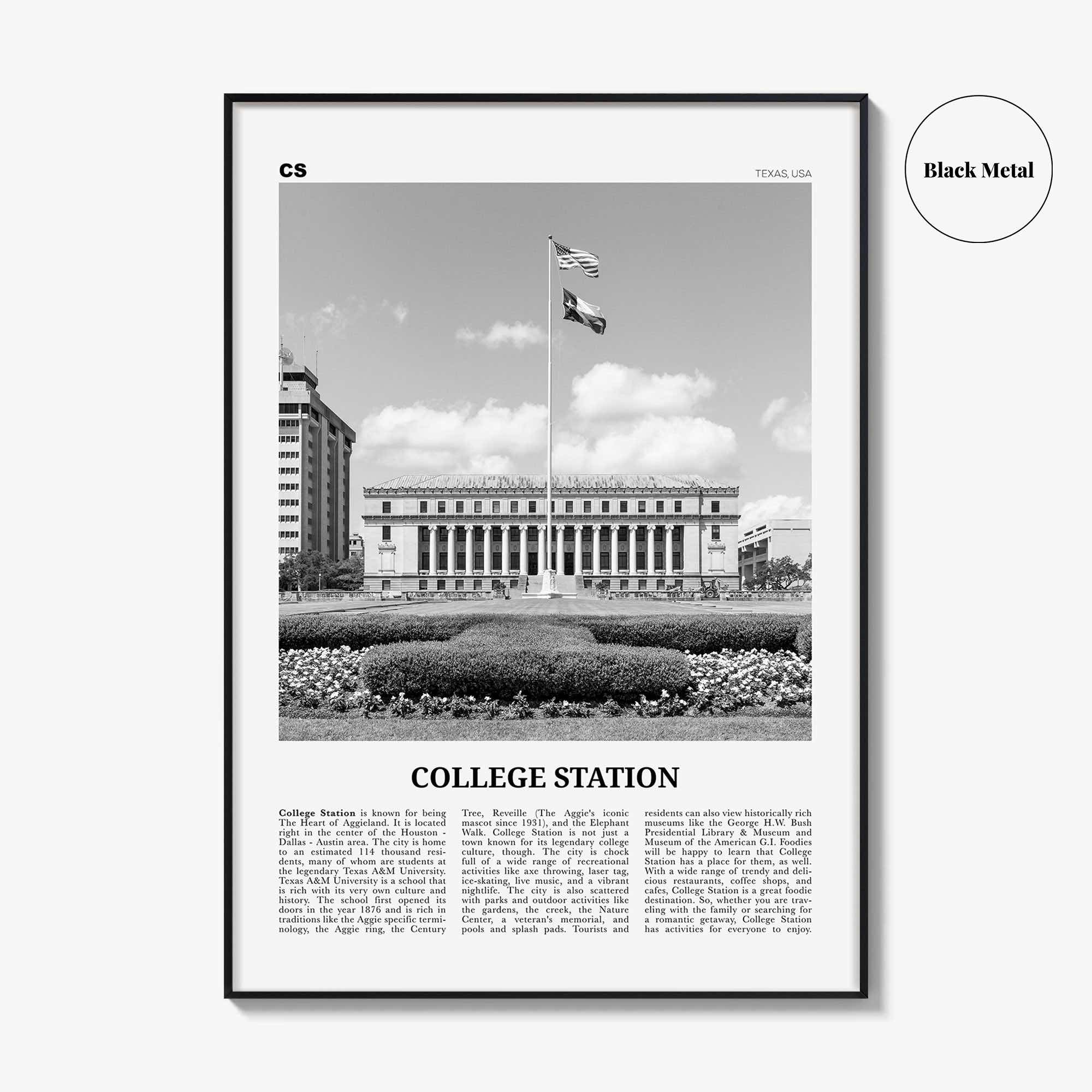 College Station Print Black and White, College Station Wall Art, College Station Poster, College Station Photo, Texas, USA, United States