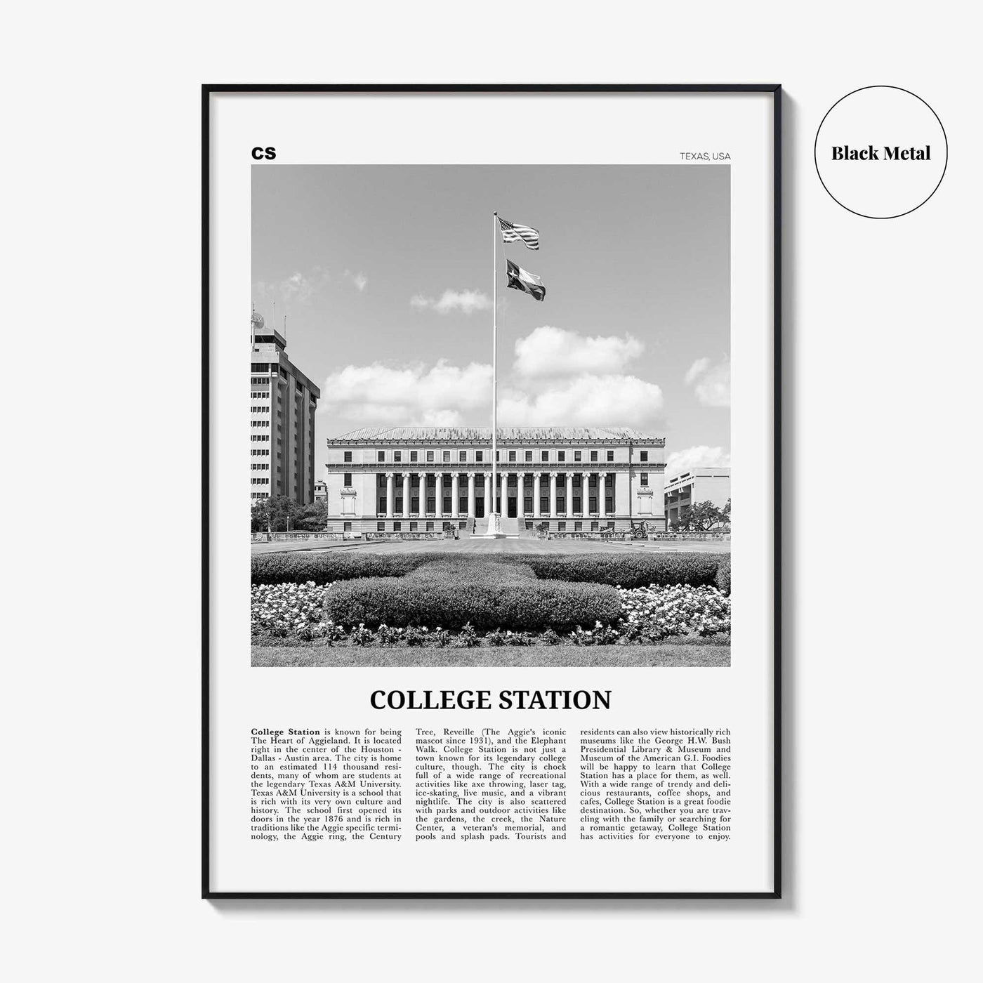 College Station Print Black and White, College Station Wall Art, College Station Poster, College Station Photo, Texas, USA, United States