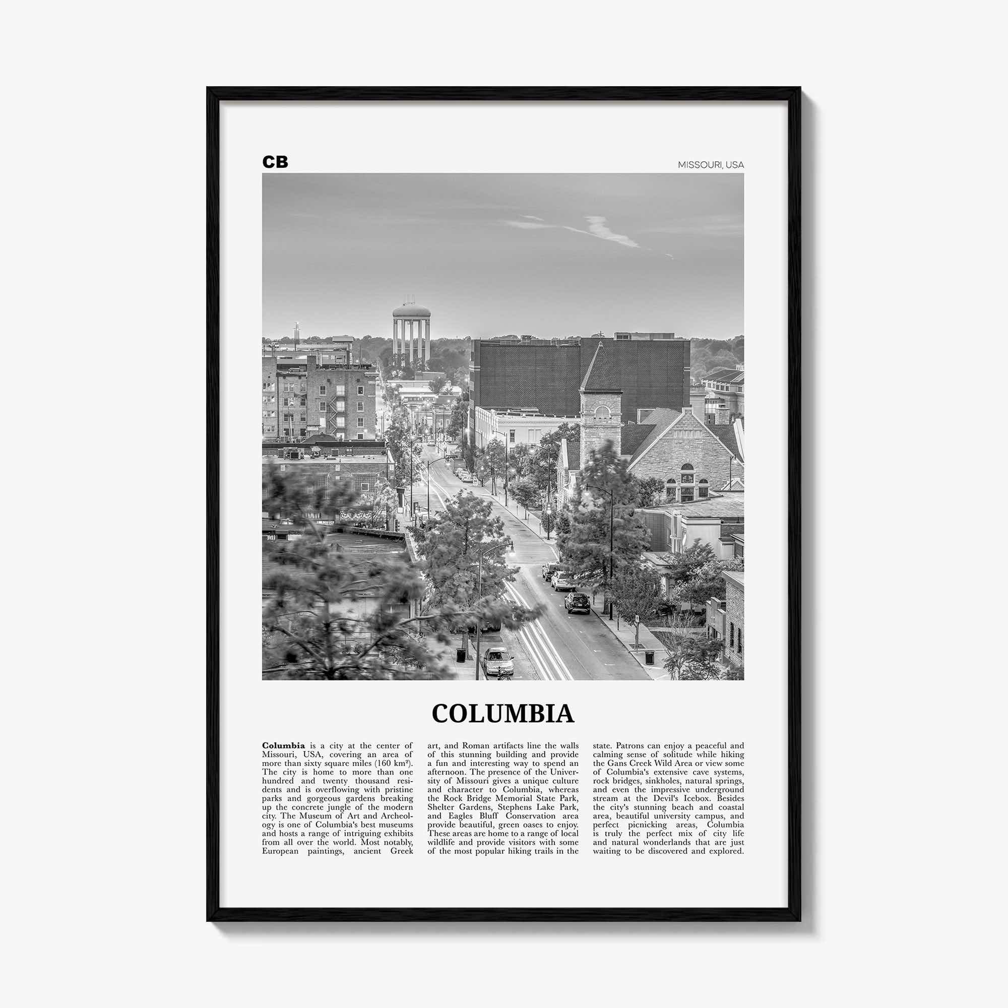 Columbia Print Black and White Missouri, Columbia Wall Art, Columbia Poster, Columbia Photo, Columbia Map, Columbia Wall Decor, USA