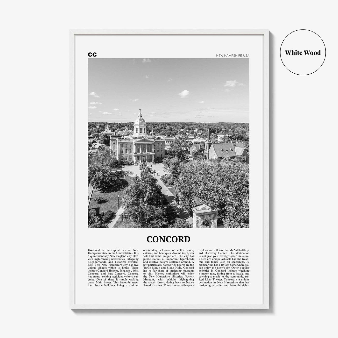 Concord Print Black and White, Concord Wall Art, Concord Poster, Concord Photo, Concord Wall Décor, New Hampshire, USA, United States