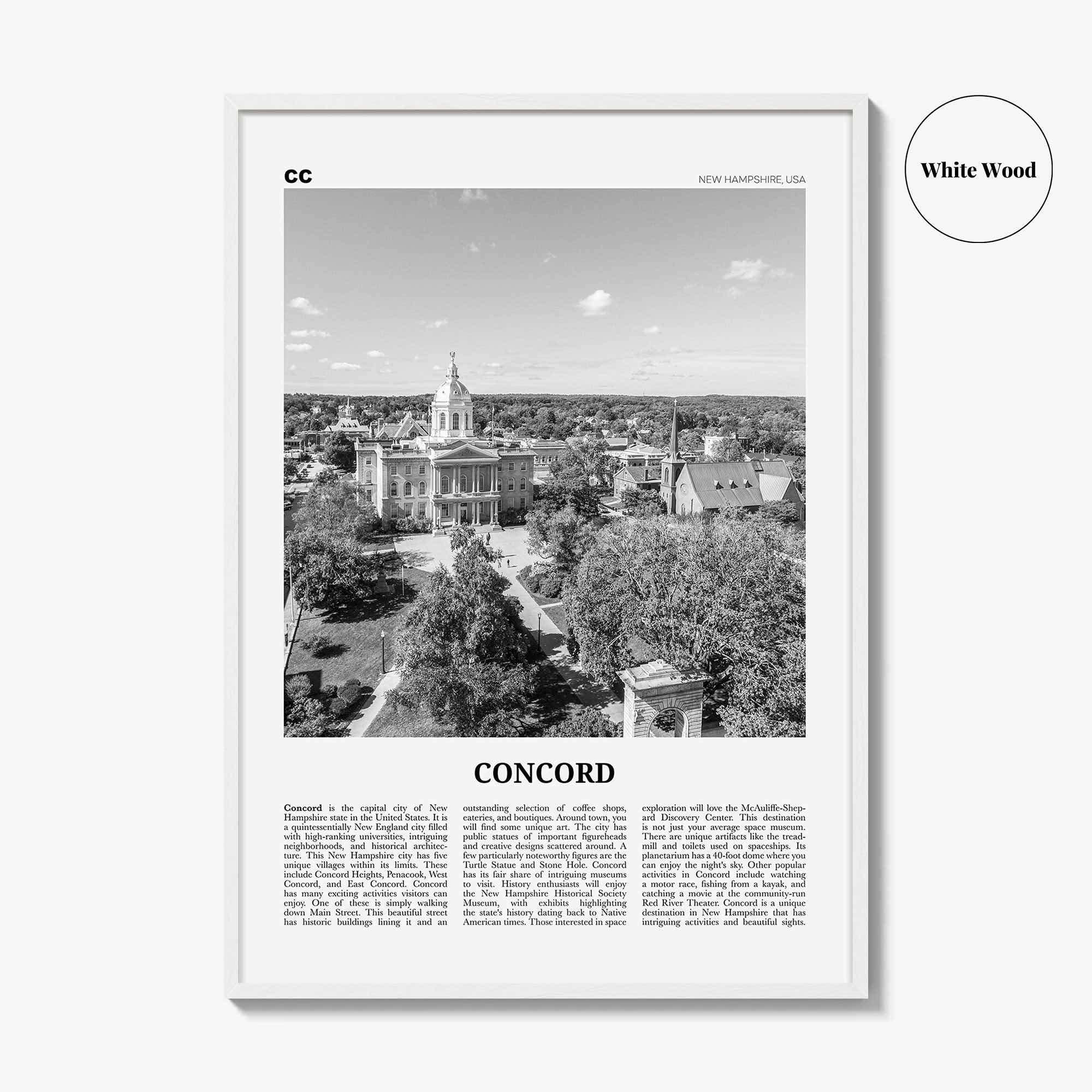 Concord Print Black and White, Concord Wall Art, Concord Poster, Concord Photo, Concord Wall Décor, New Hampshire, USA, United States