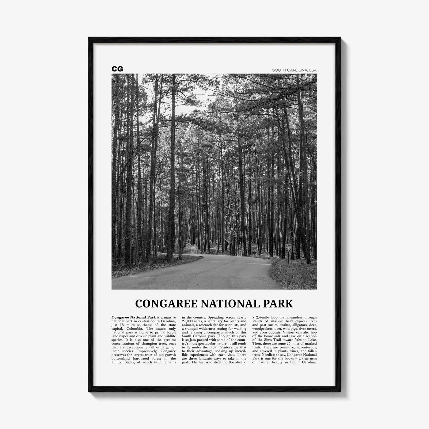 Congaree National Park Print Black and White, Congaree National Park Wall Art, Congaree National Park Poster, Park Photo, Wall Décor, Map