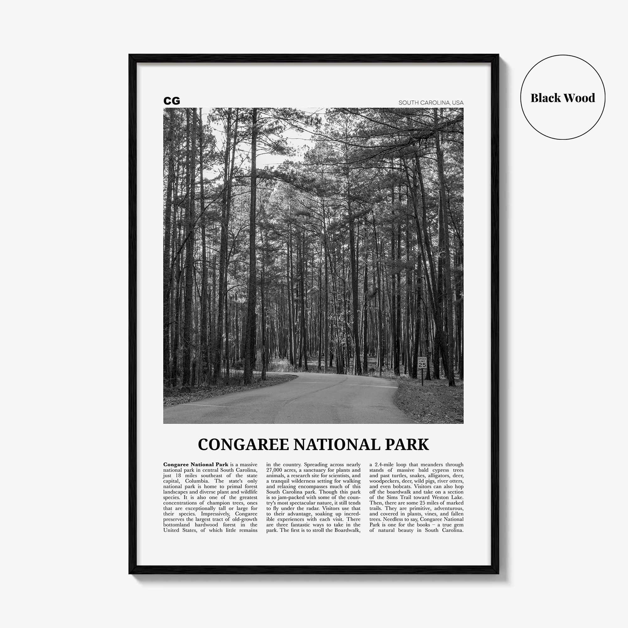 Congaree National Park Print Black and White, Congaree National Park Wall Art, Congaree National Park Poster, Park Photo, Wall Décor, Map